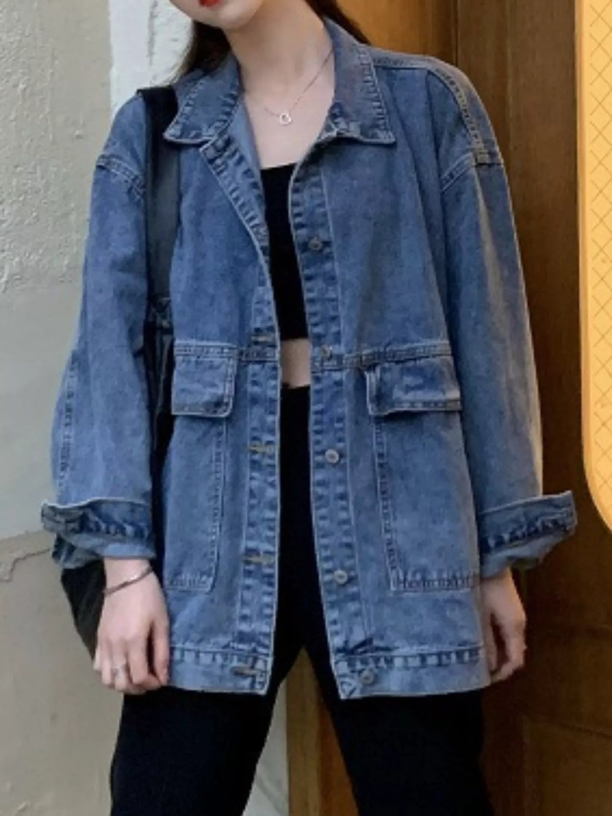 oversized wash denim jacket with utility pockets | dropsona - neutral - material texture
