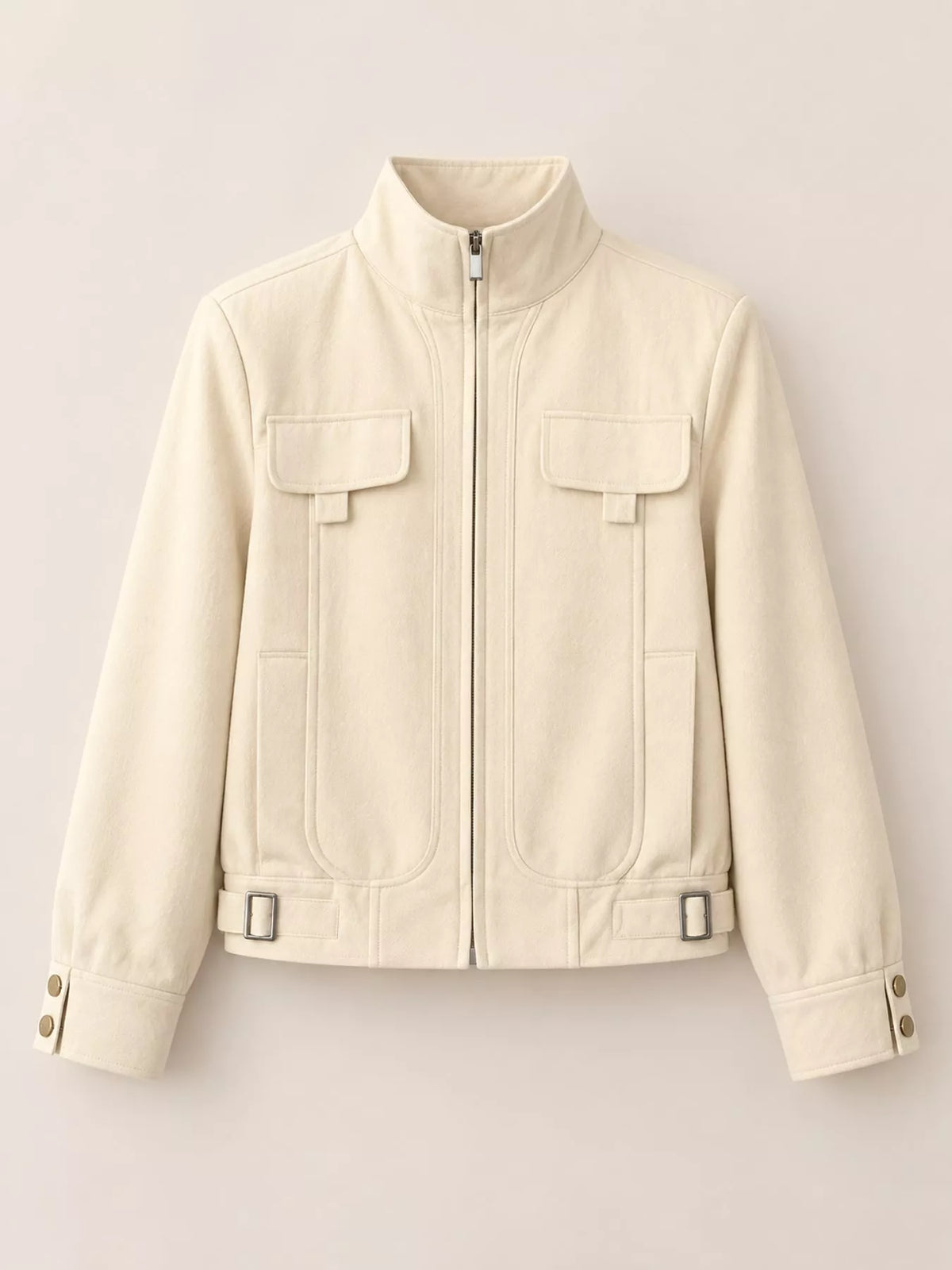 elegant stand-collar zip-up utility jacket | dropsona - neutral - size reference