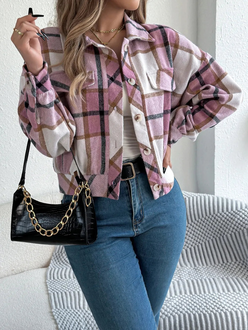 plaid button up long sleeve jacket – buttoned | dropsona - neutral - front view