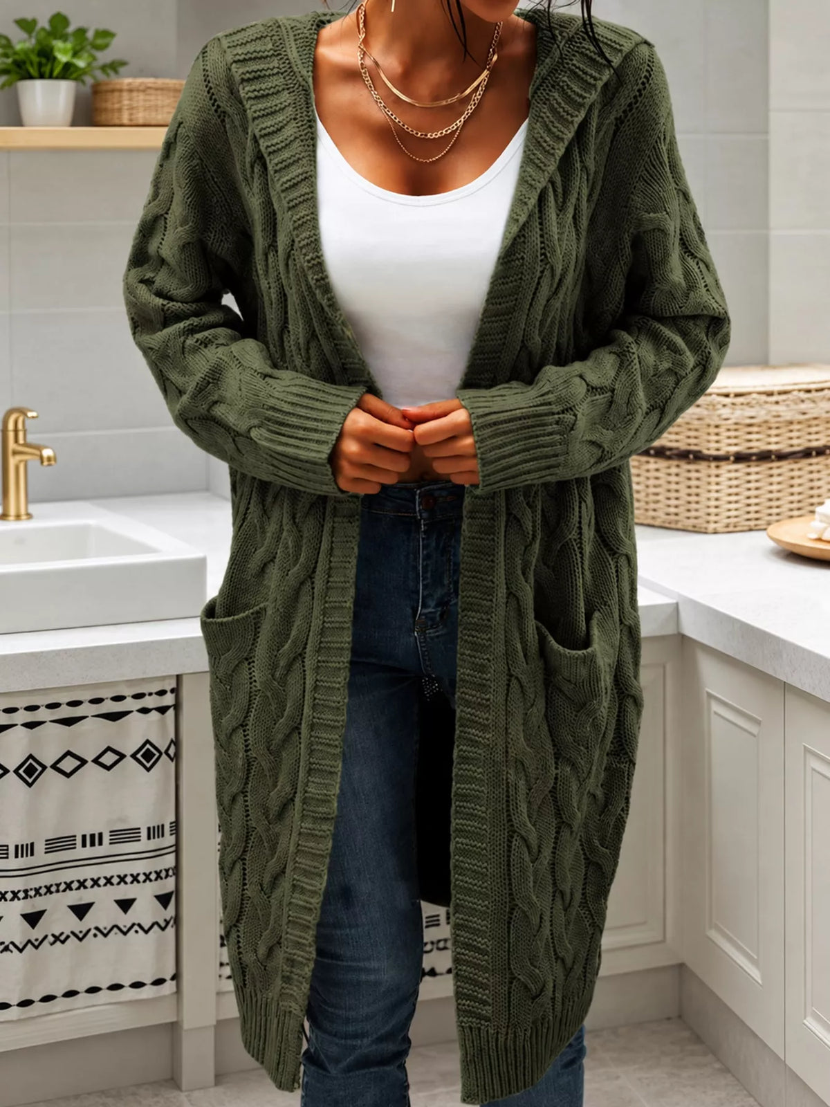 full size hooded cable knit longline cardigan plus | dropsona - neutral - packaging