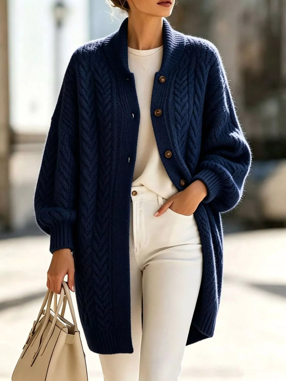 full size cable-knit button-down cardigan plus | dropsona - neutral - size reference