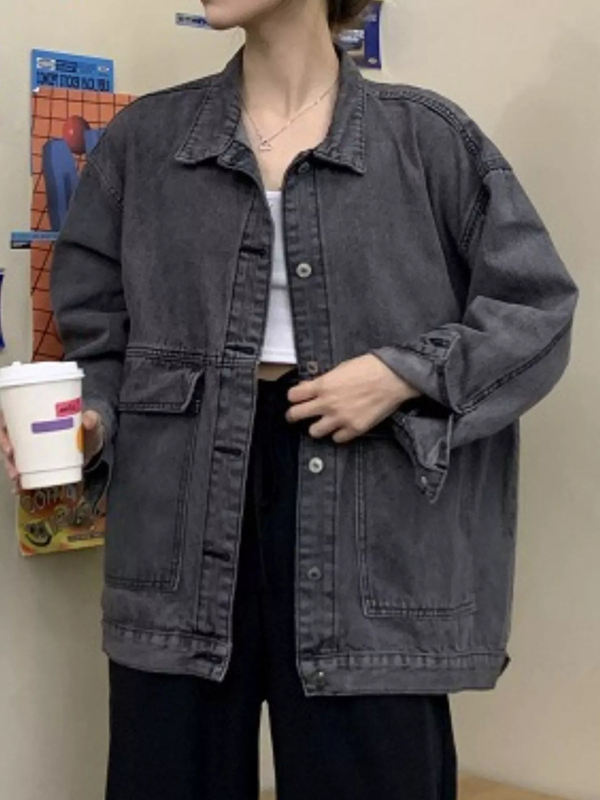 oversized wash denim jacket with utility pockets | dropsona - neutral - front view