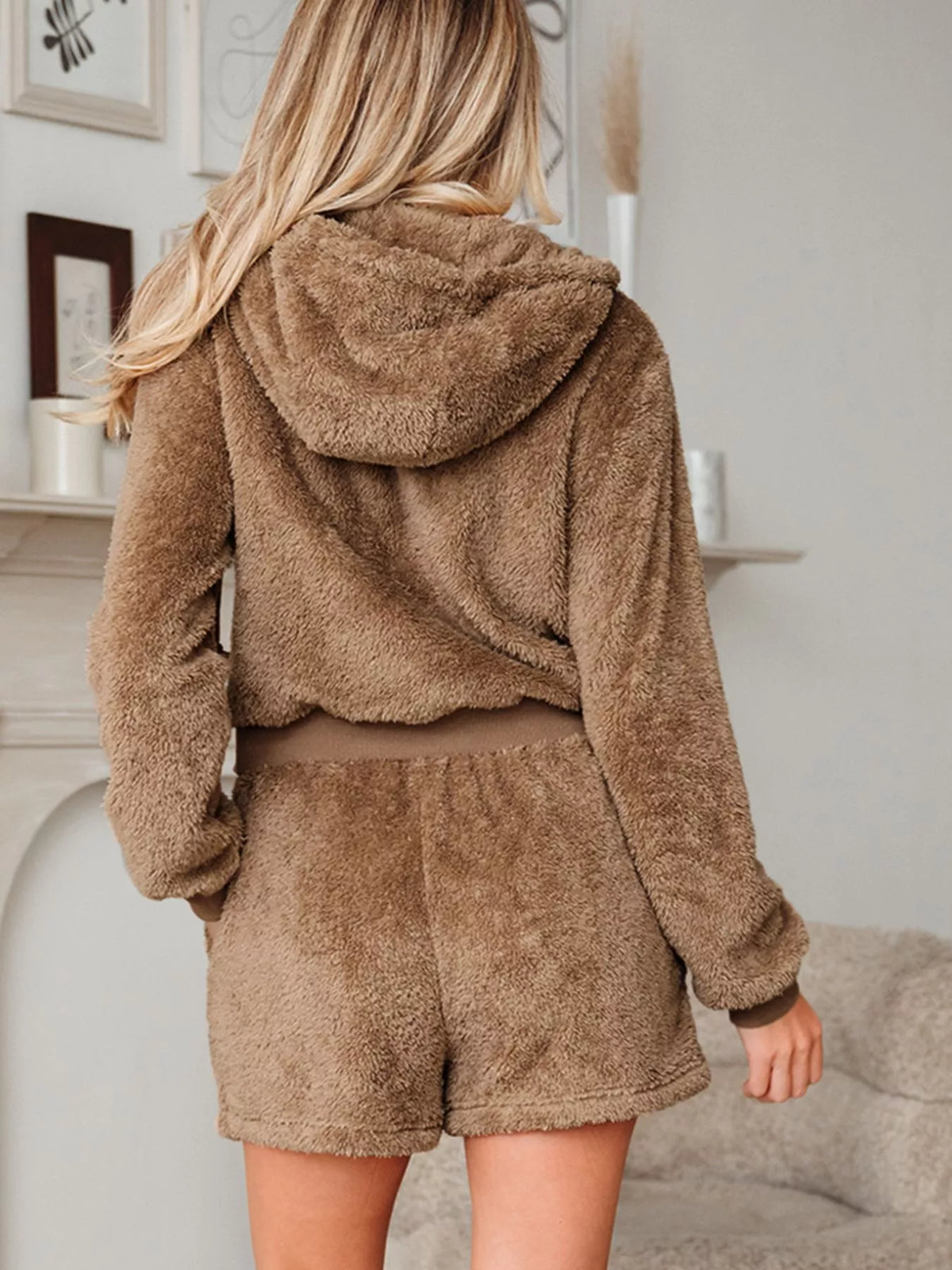 zip up hoodie and drawstring shorts 2pcs outfit | dropsona - neutral - front view