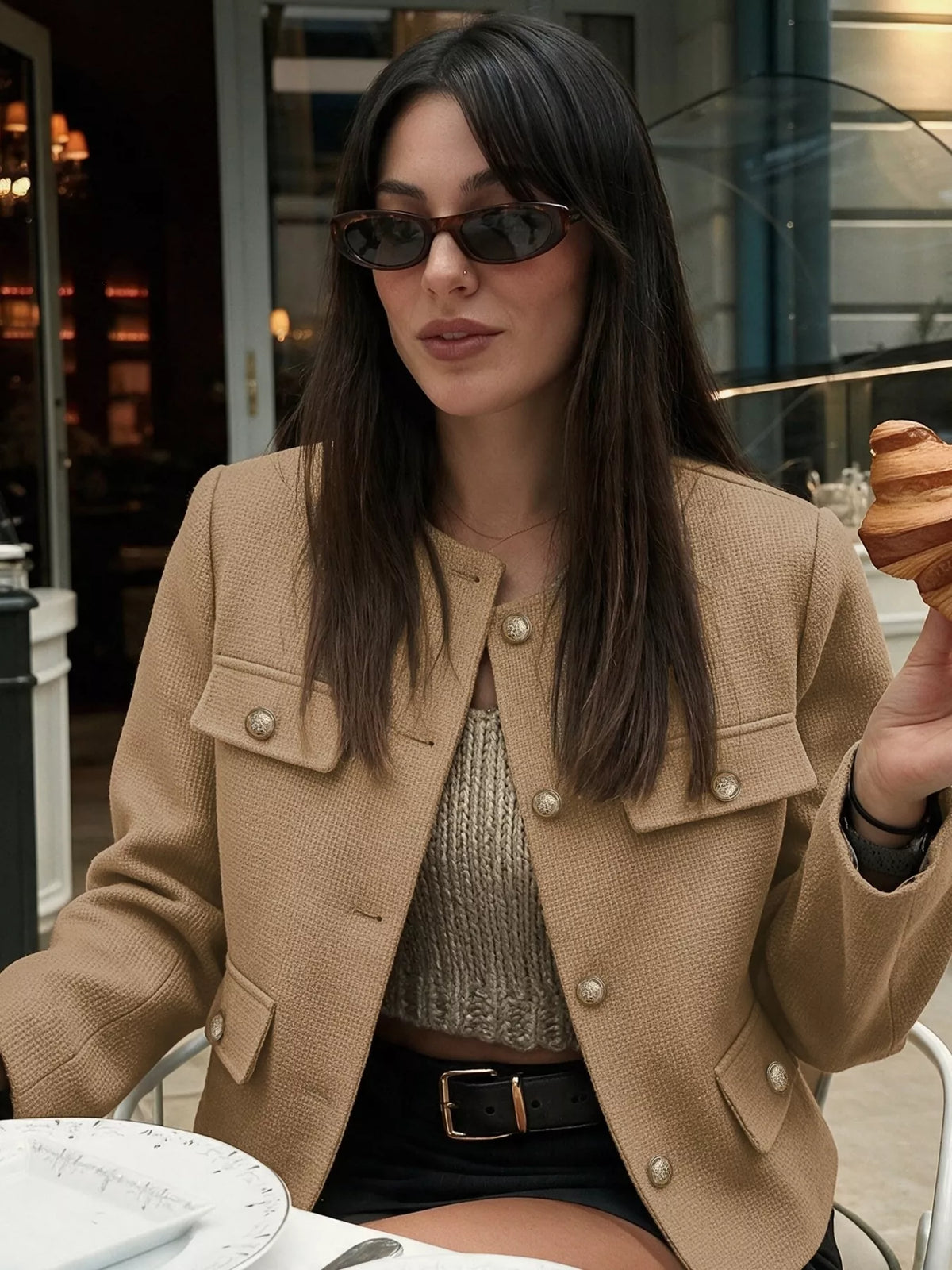 textured cropped jacket with gold-tone button | dropsona - neutral - close-up detail