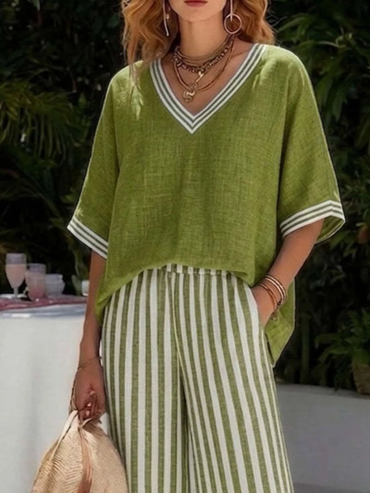 full size v-neck striped top and pants two-piece set | dropsona - neutral - usage example