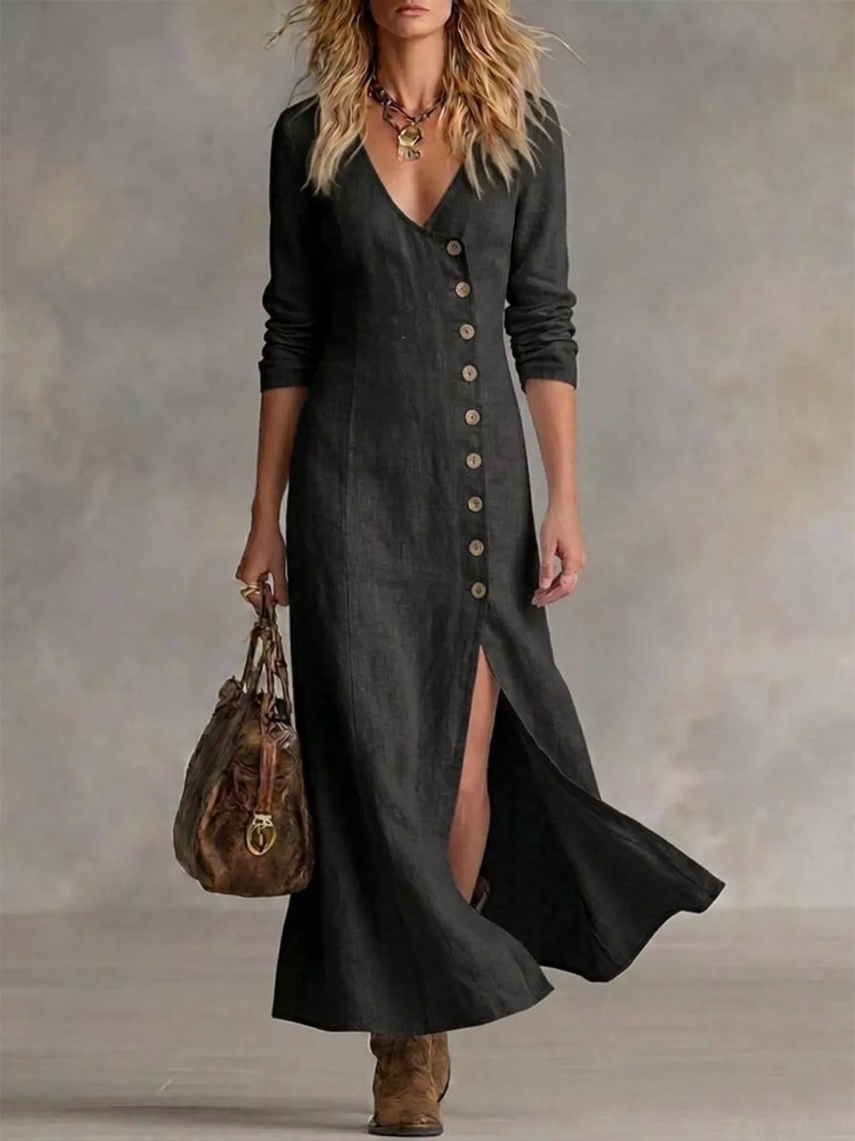 full size button front slit maxi dress plus | dropsona - neutral - close-up detail