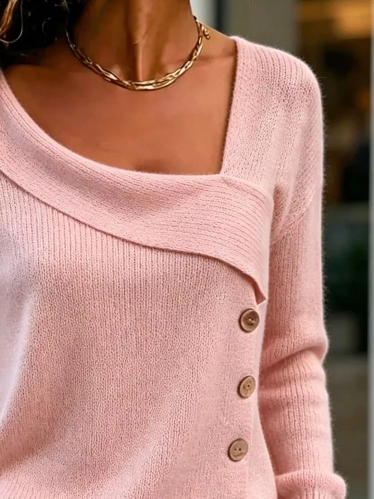 asymmetric neckline button-decorated sweater | dropsona - neutral - front view