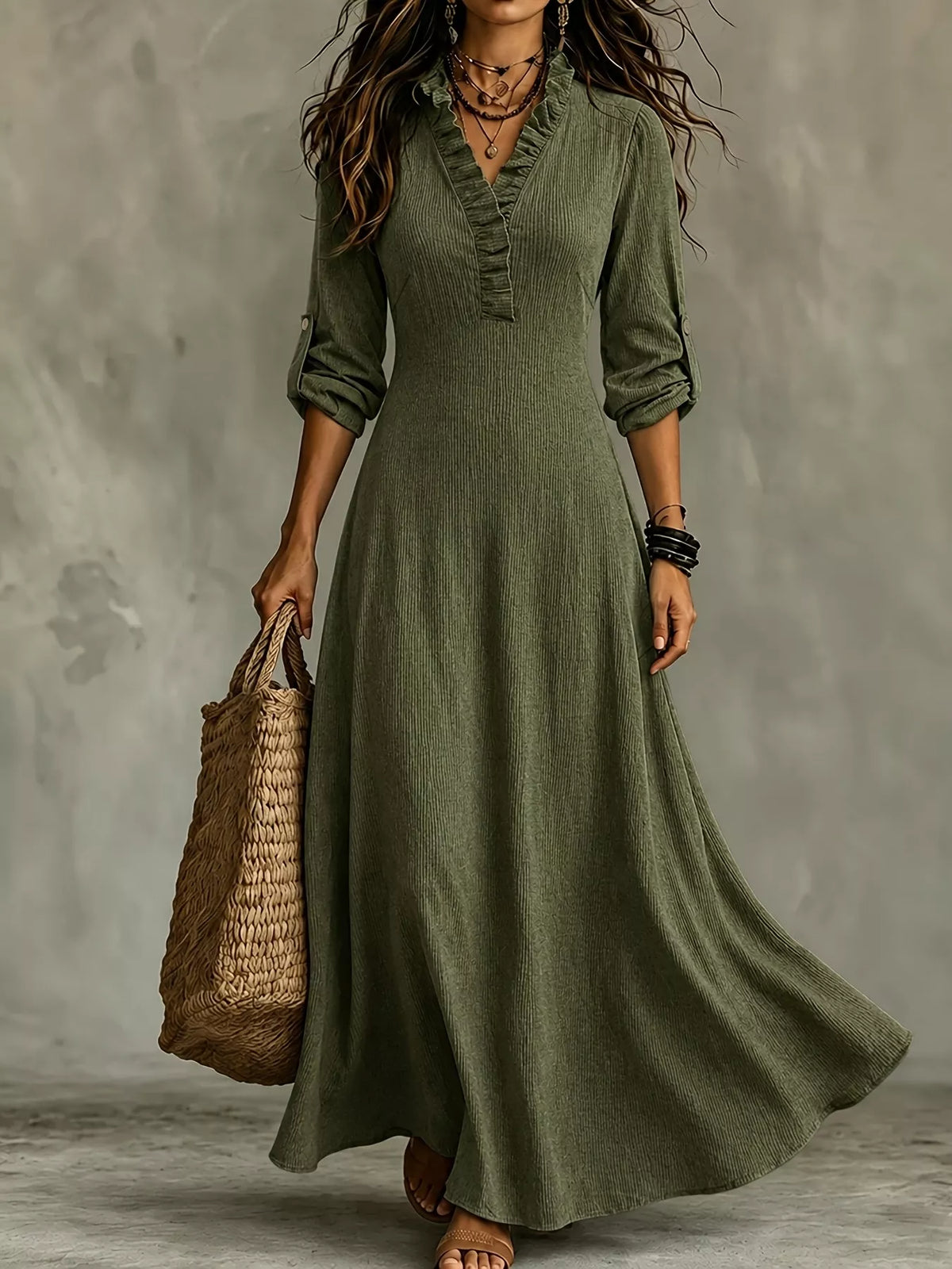 full size frill v-neck long sleeve maxi dress plus | dropsona - neutral - front view