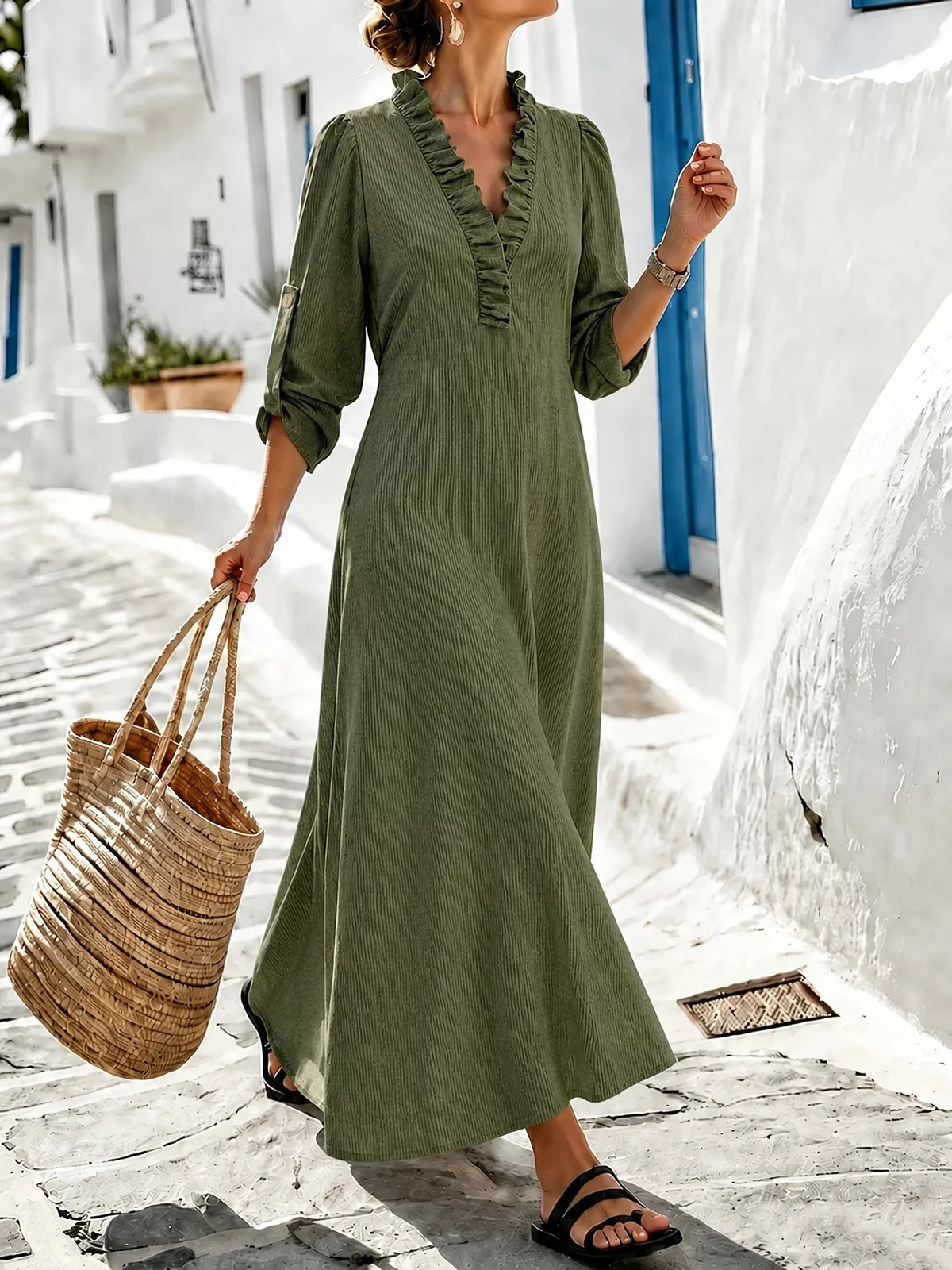 full size frill v-neck long sleeve maxi dress plus | dropsona - neutral - close-up detail