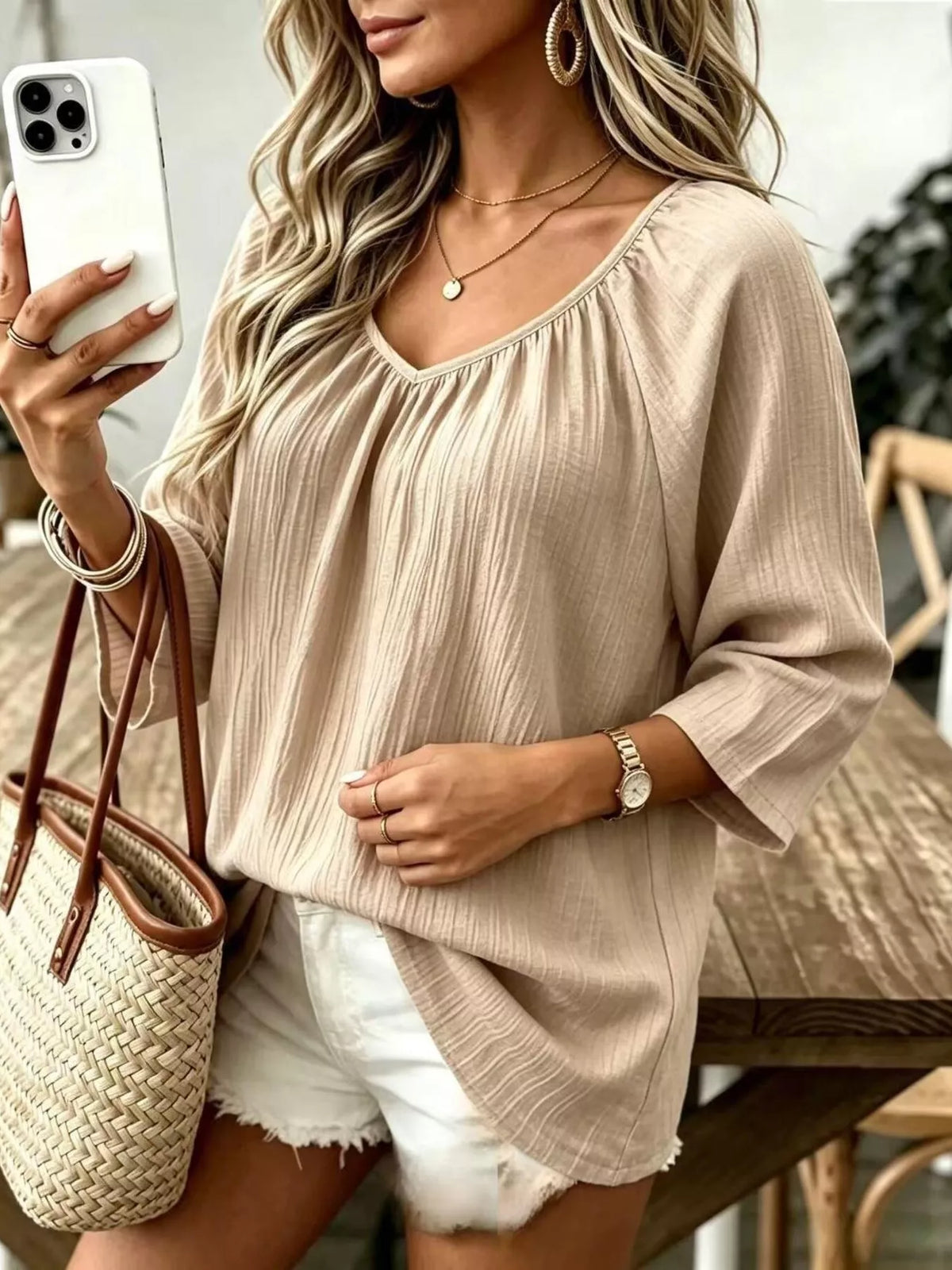 full size textured v-neck casual t-shirt plus | dropsona - neutral - usage example