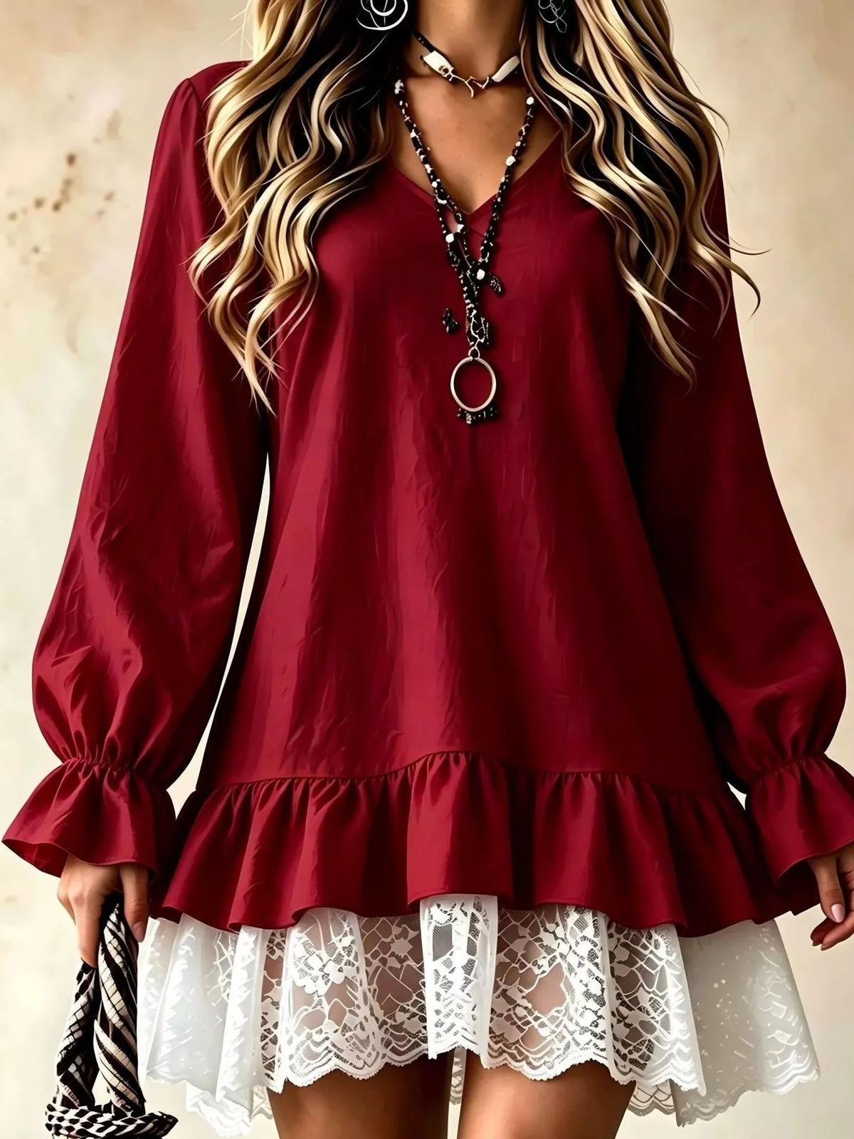 v-neck long sleeve ruffle hem lace trim mini dress | dropsona - neutral - usage example