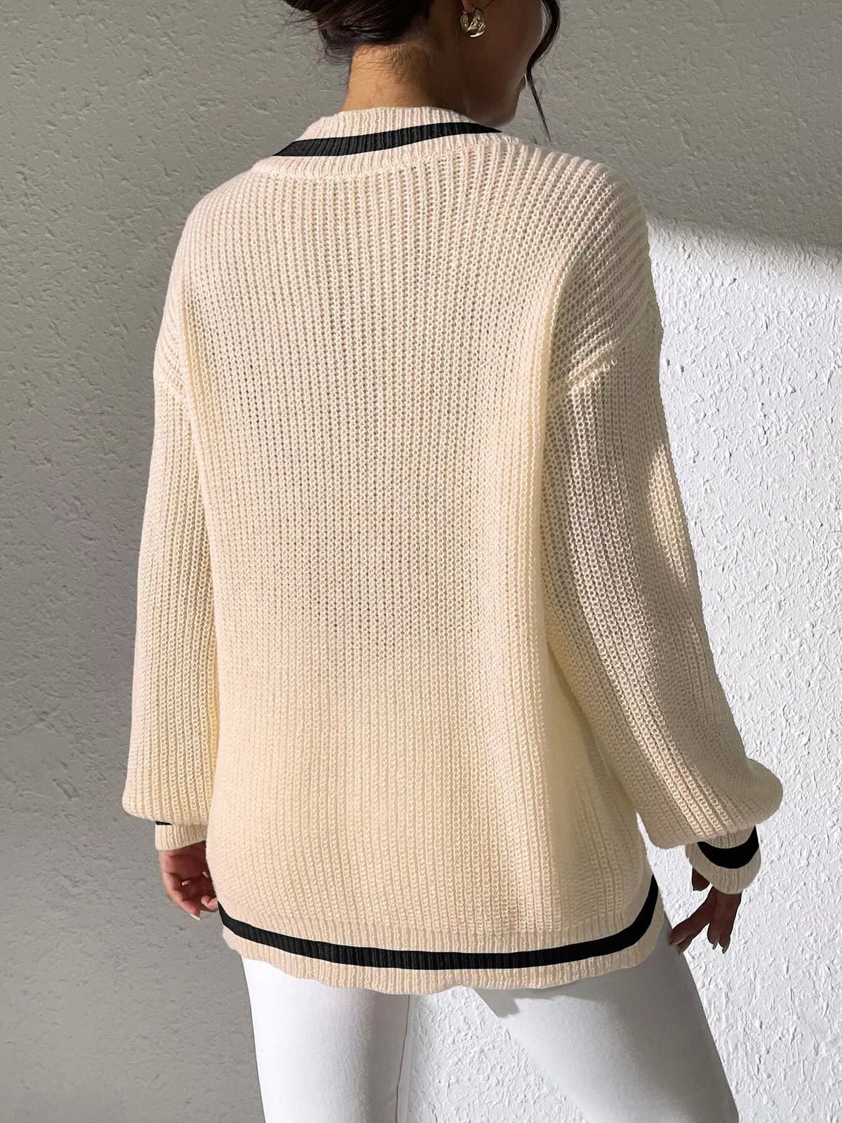 v-neck contrast trim sweater with pearl decor | dropsona - neutral - close-up detail