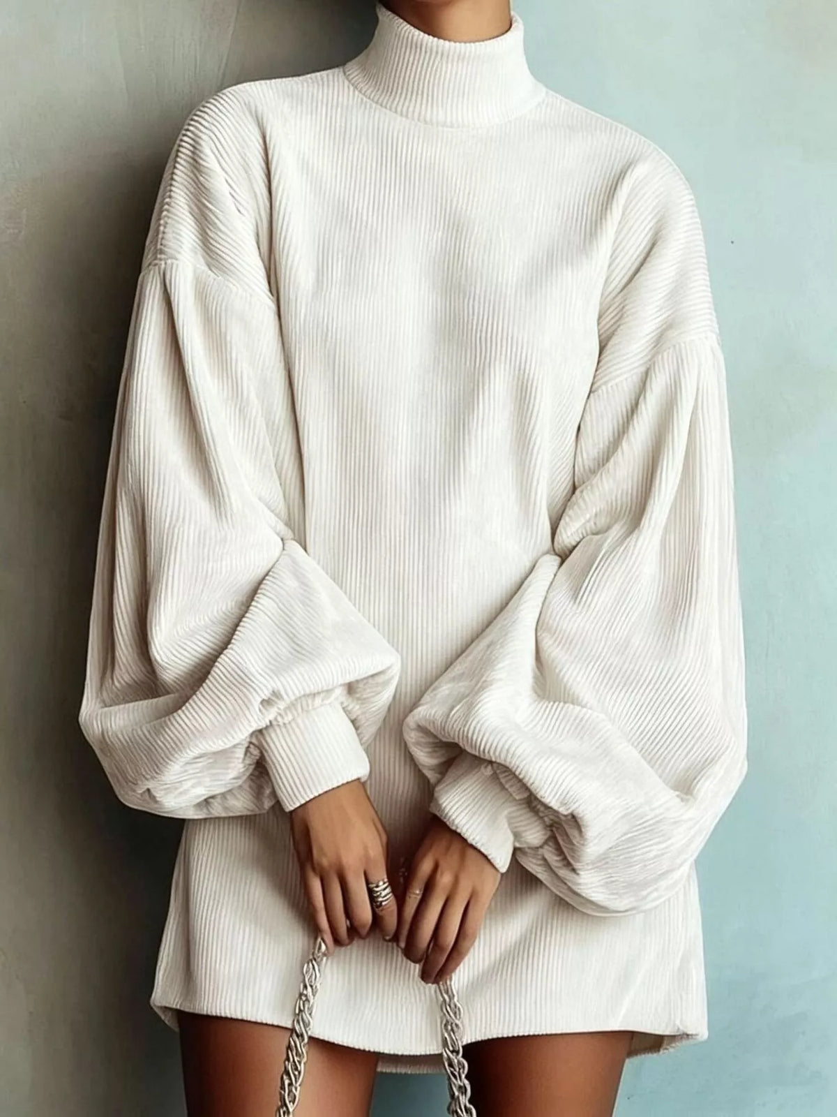 full size corduroy mock neck lantern sleeve mini | dropsona - neutral - close-up detail
