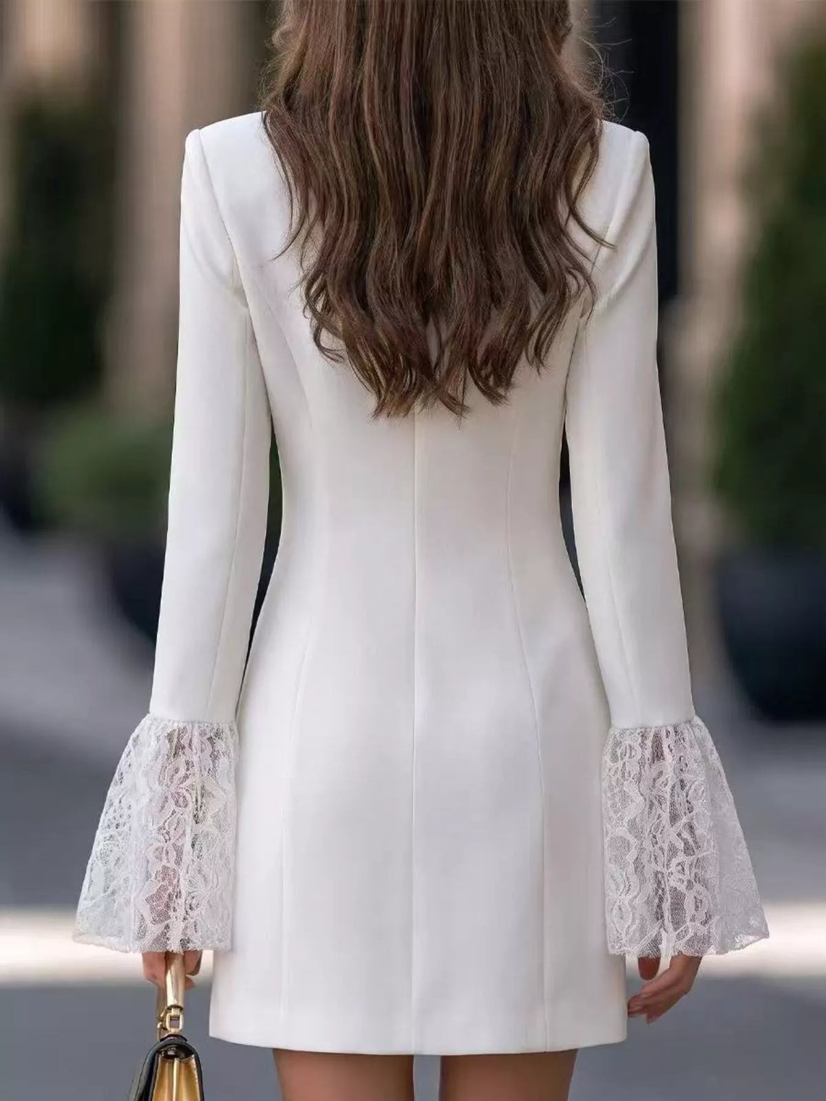double-breasted blazer dress with lace flare cuffs | dropsona - neutral - size reference