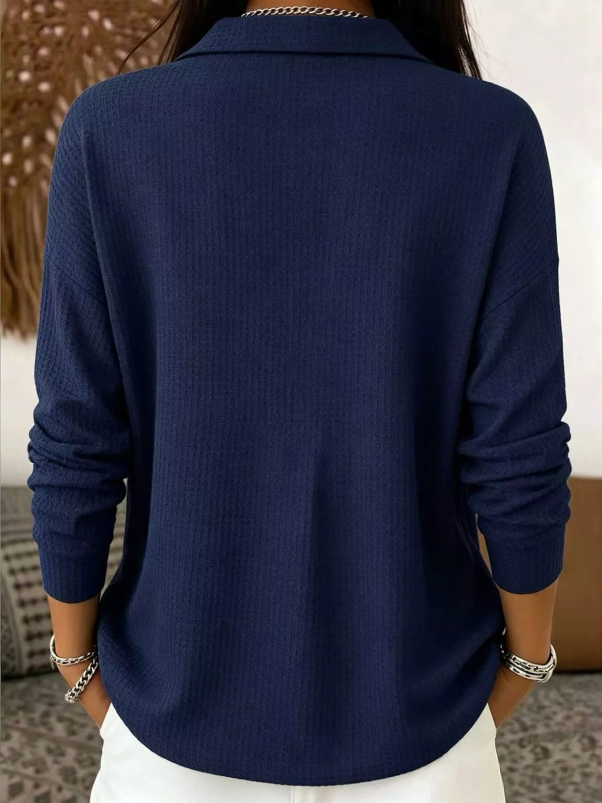 waffle knit snap down blouse – buttoned | dropsona - neutral - material texture