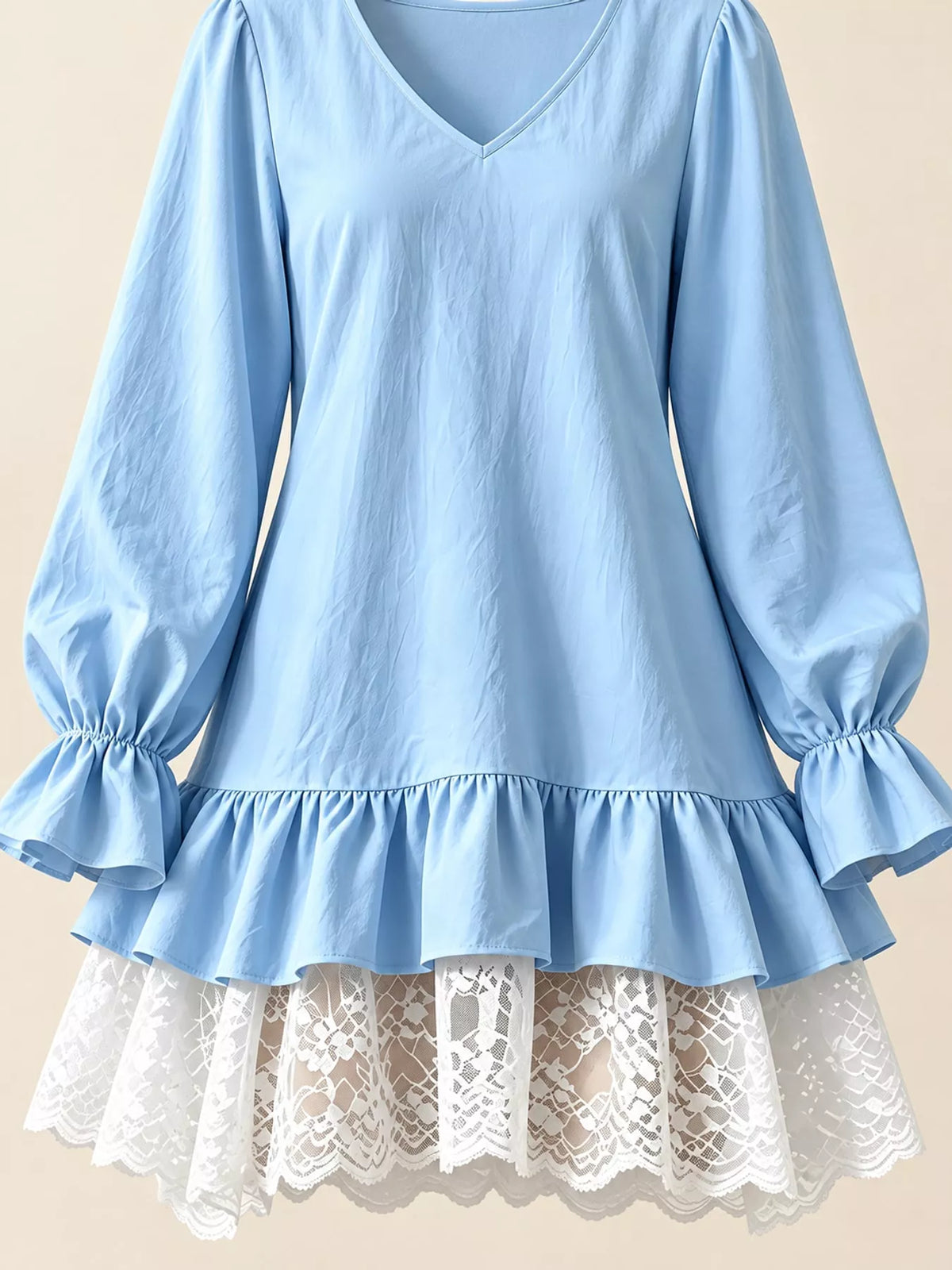 lace hem v-neck flounce sleeve dress | dropsona - neutral - usage example