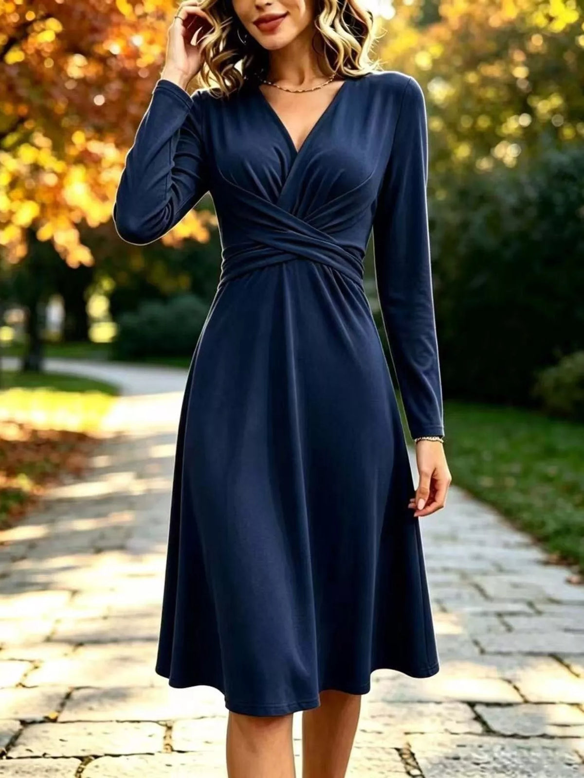 full size ruched long sleeve midi dress plus | dropsona - neutral - close-up detail