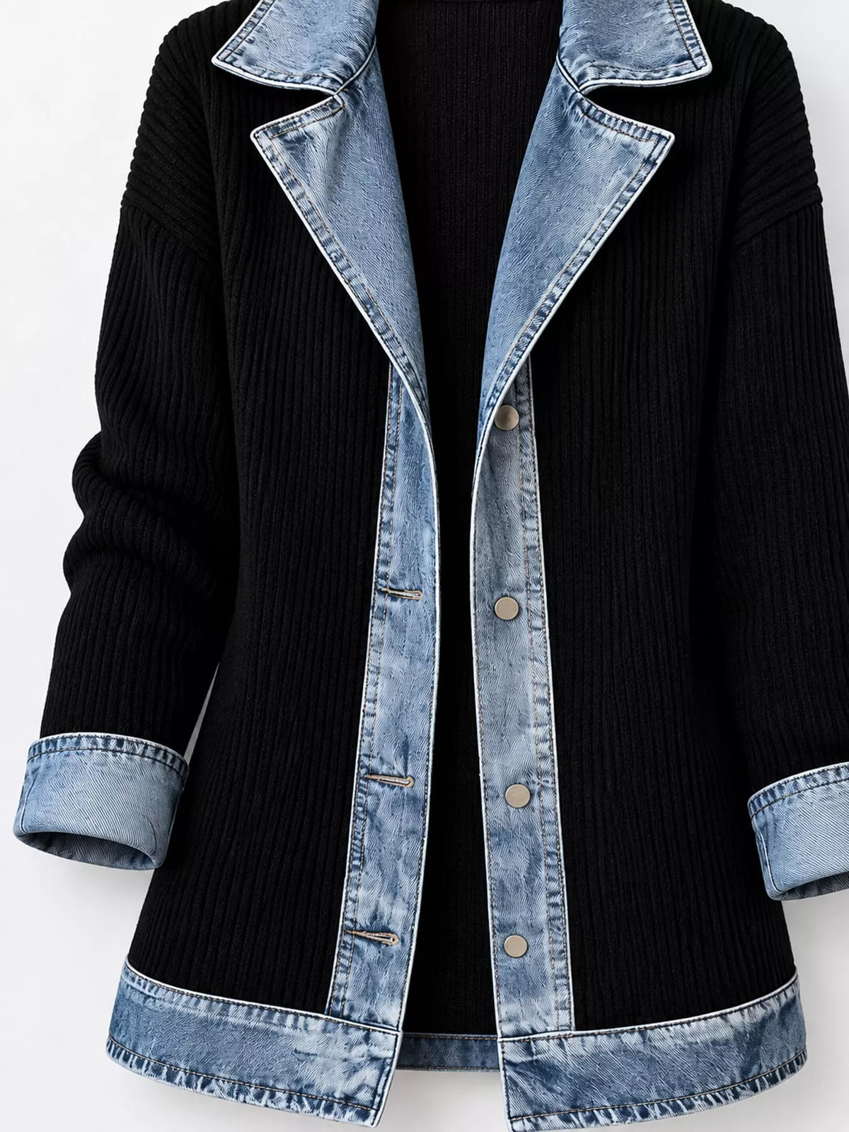 full size denim trim ribbed knit cardigan plus | dropsona - neutral - size reference