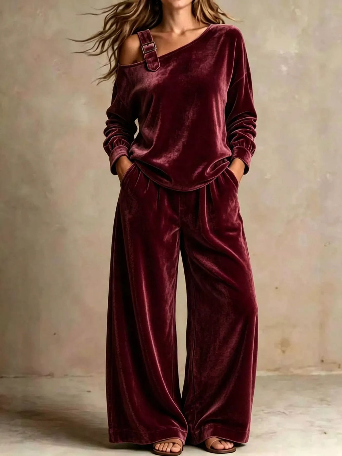 asymmetrical neck top and pants set | dropsona - neutral - close-up detail