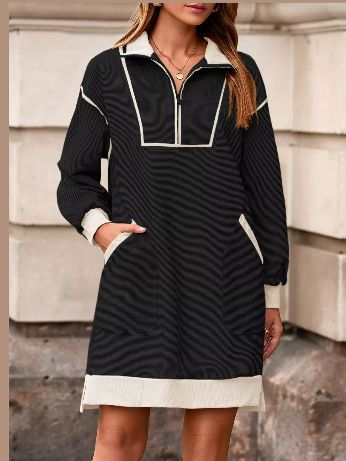 color block quarter-zip sweatshirt dress | dropsona - neutral - everyday use