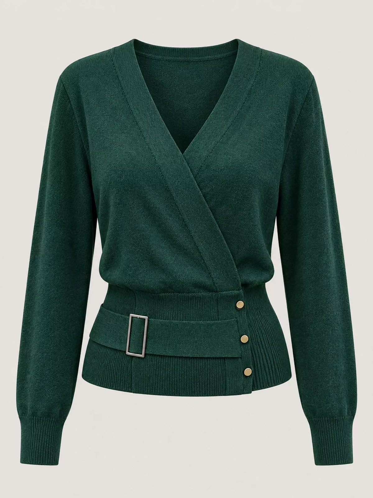 surplice elastic waist long sleeve knit top | dropsona - neutral - front view