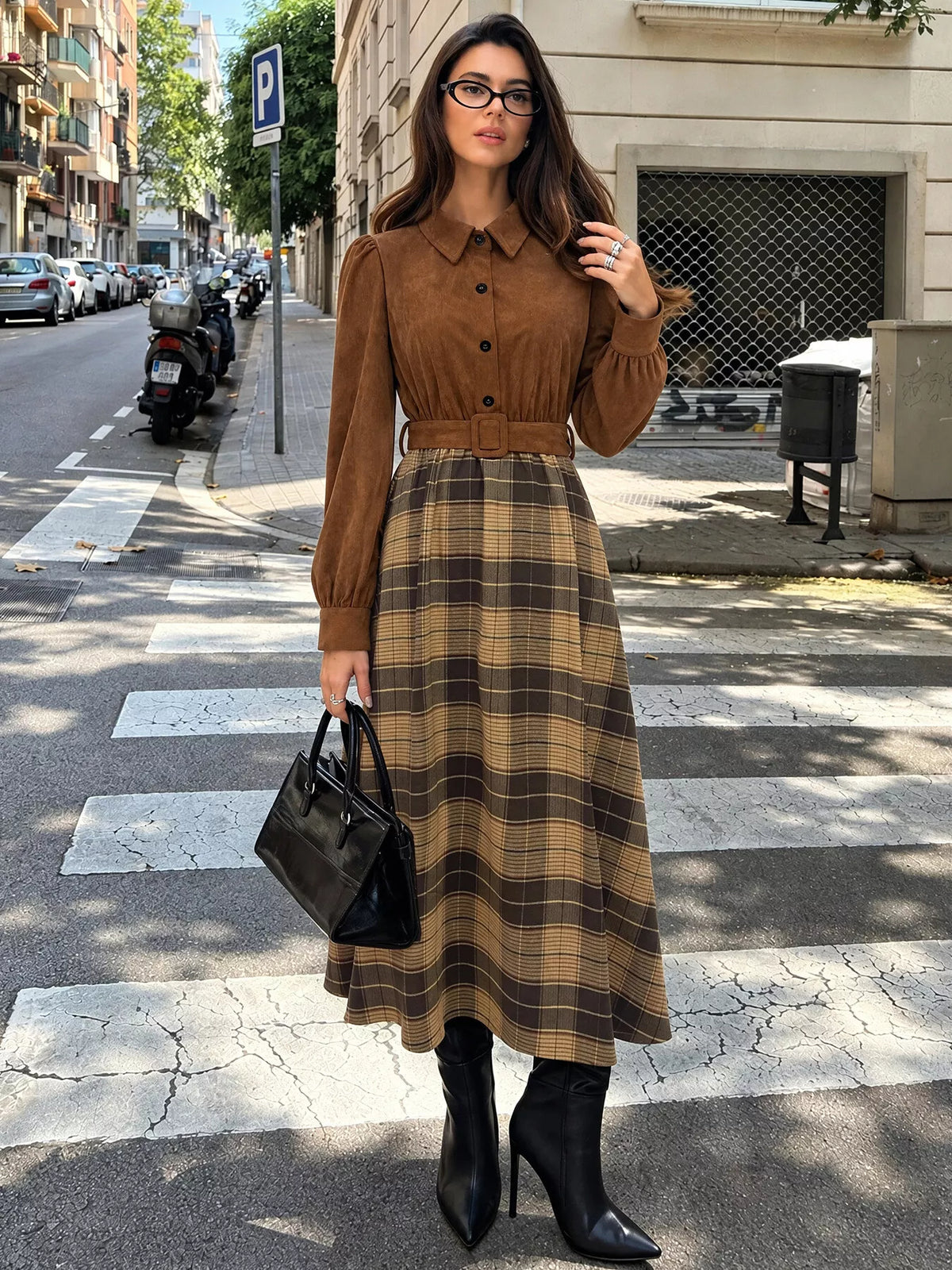 corduroy patchwork plaid midi dress – buttoned,belted | dropsona - neutral - usage example