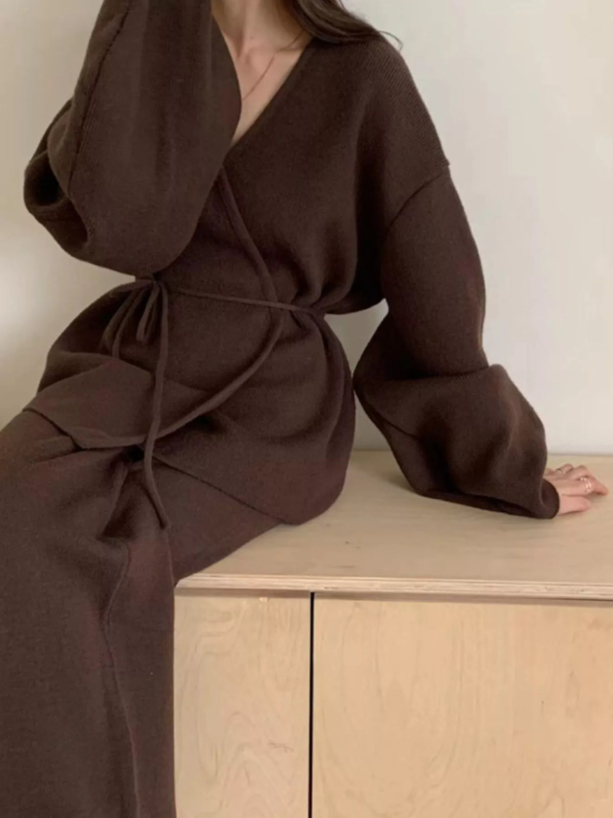v-neck tied wrap cardigan and wide-leg pants sweater | dropsona - neutral - close-up detail