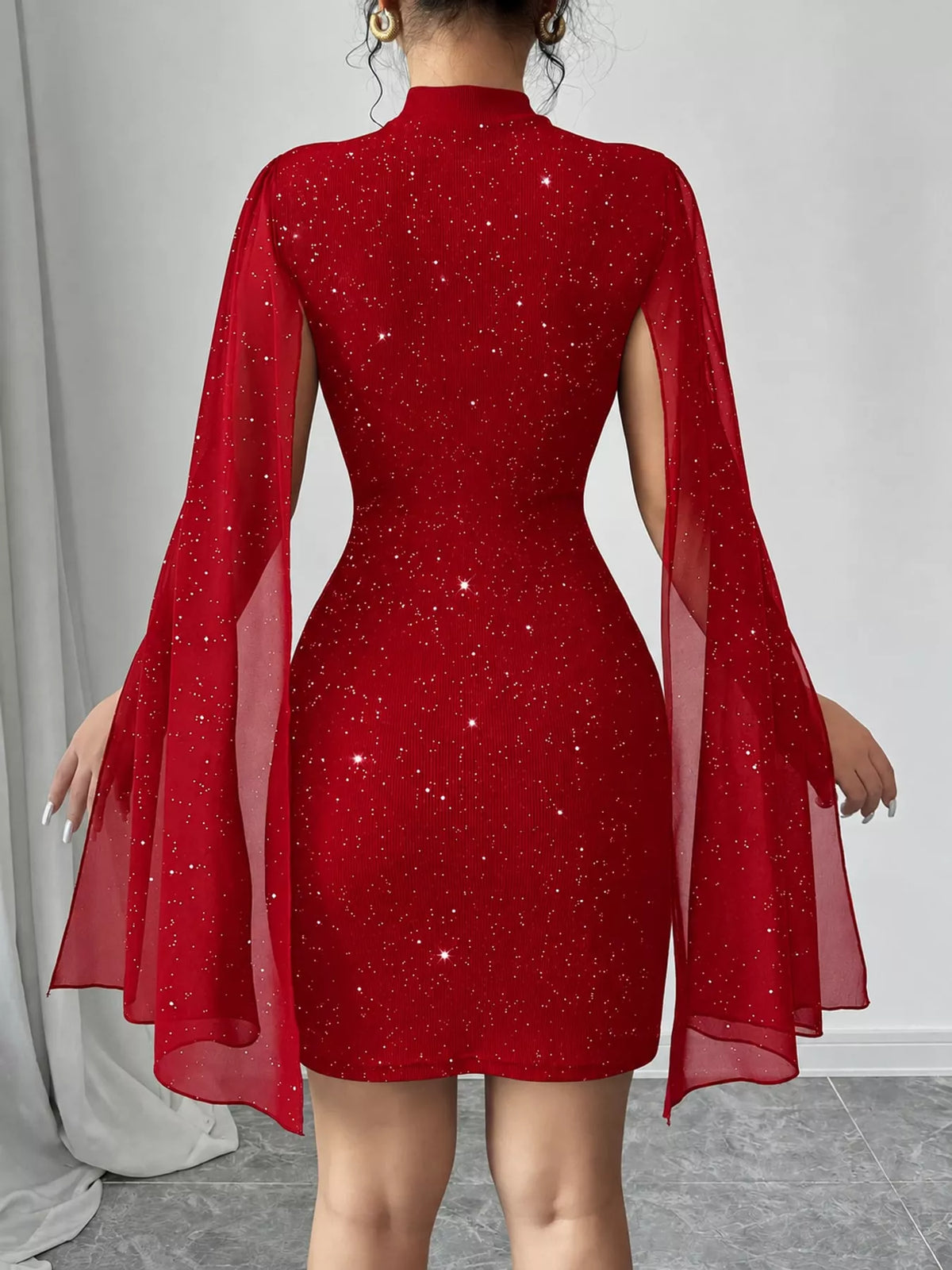 glitter mock neck cape-sleeve bodycon mini dress | dropsona - neutral - close-up detail
