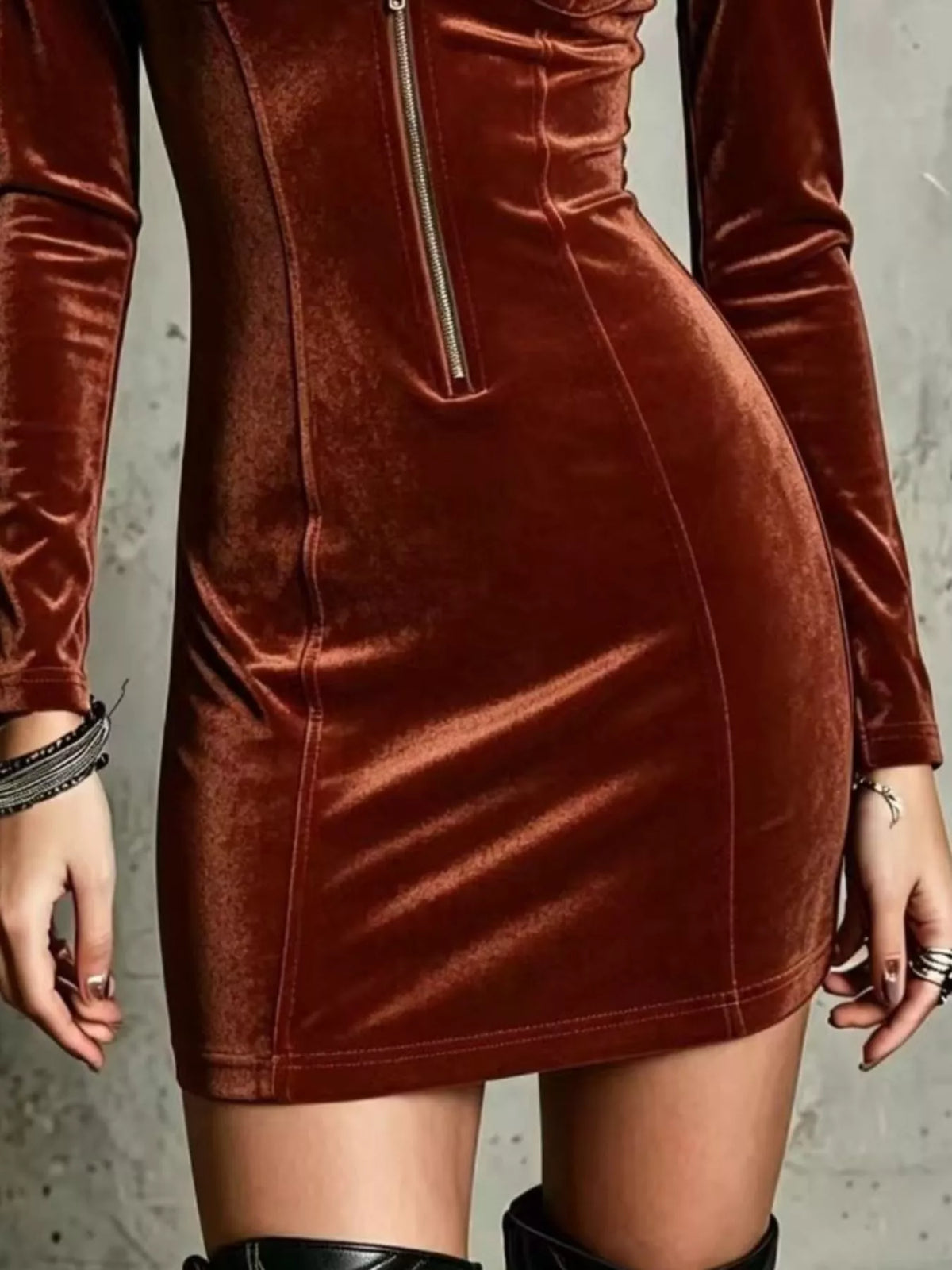 velvet zip-front utility bodycon mini dress | dropsona - neutral - close-up detail