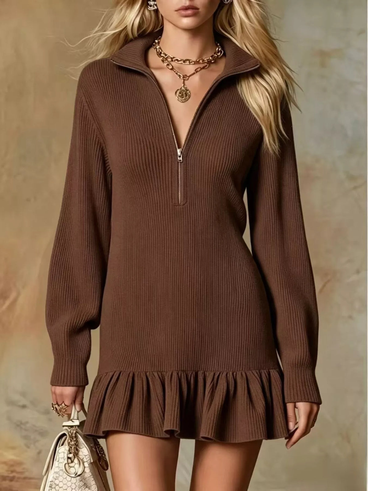 full size half zip ruffled hem dress plus | dropsona - neutral - material texture