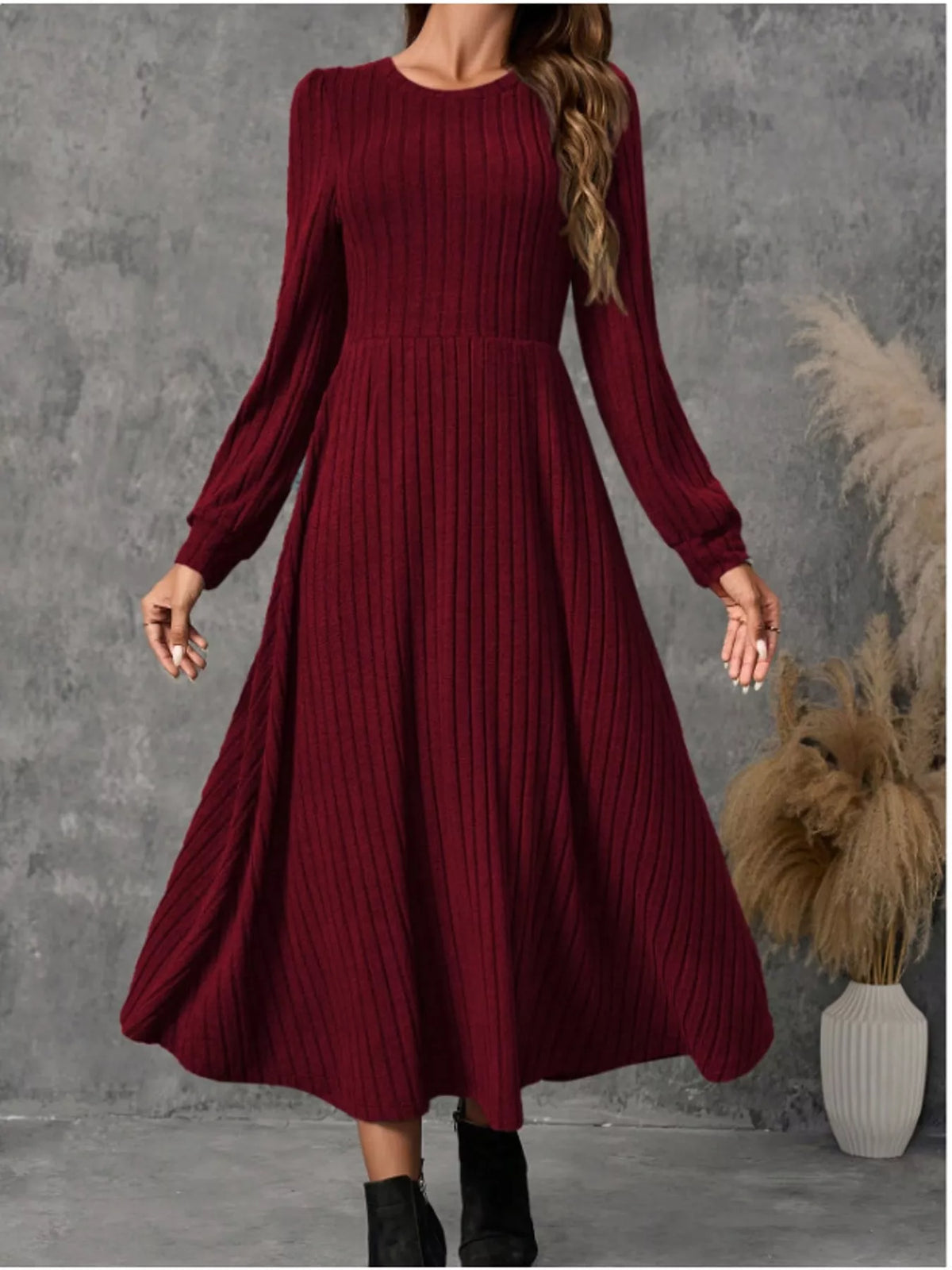 ribbed knit long sleeve a-line midi dress – | dropsona - neutral - front view