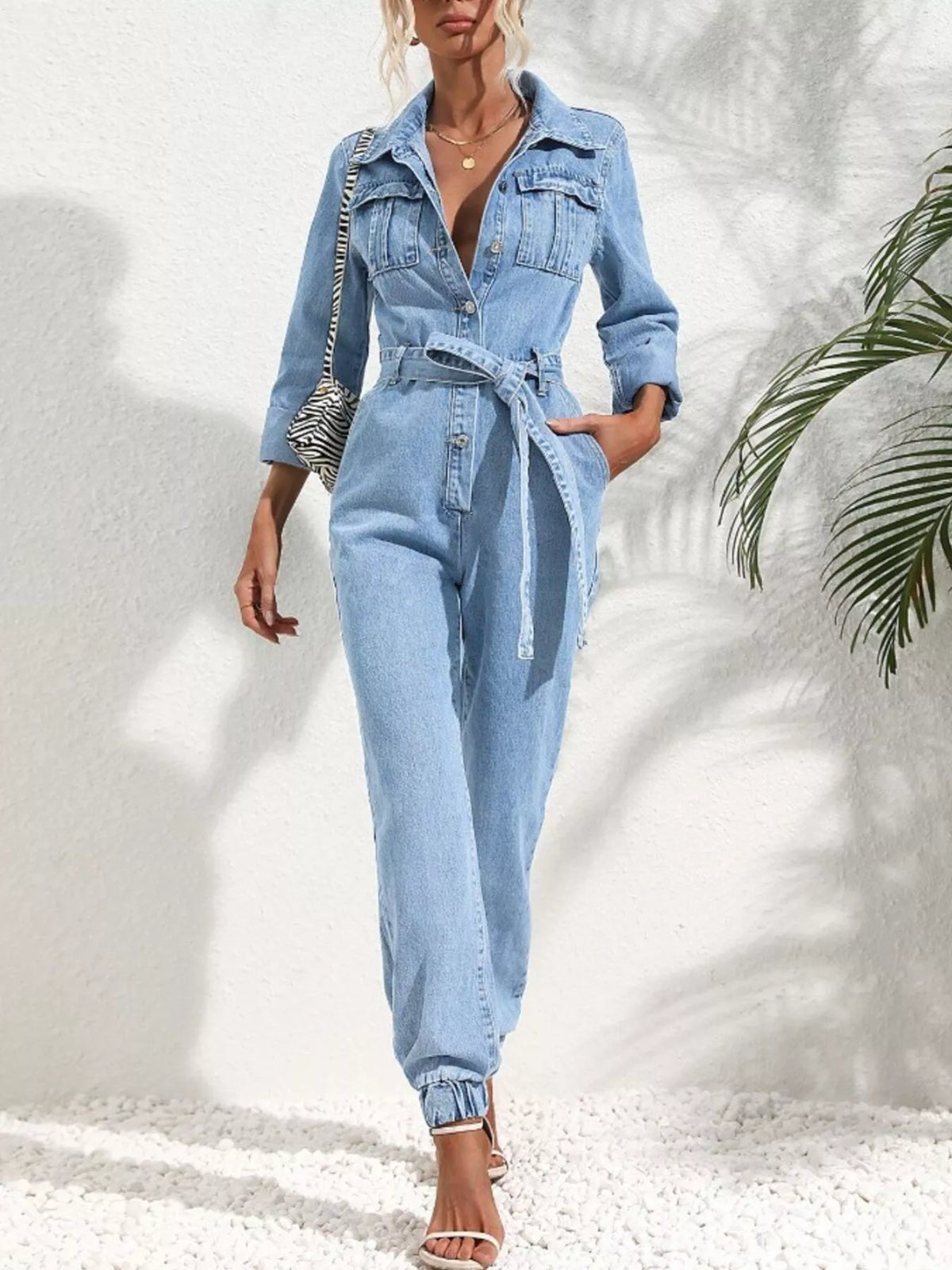 long sleeve button-up denim jumpsuit with belted | dropsona - neutral - packaging