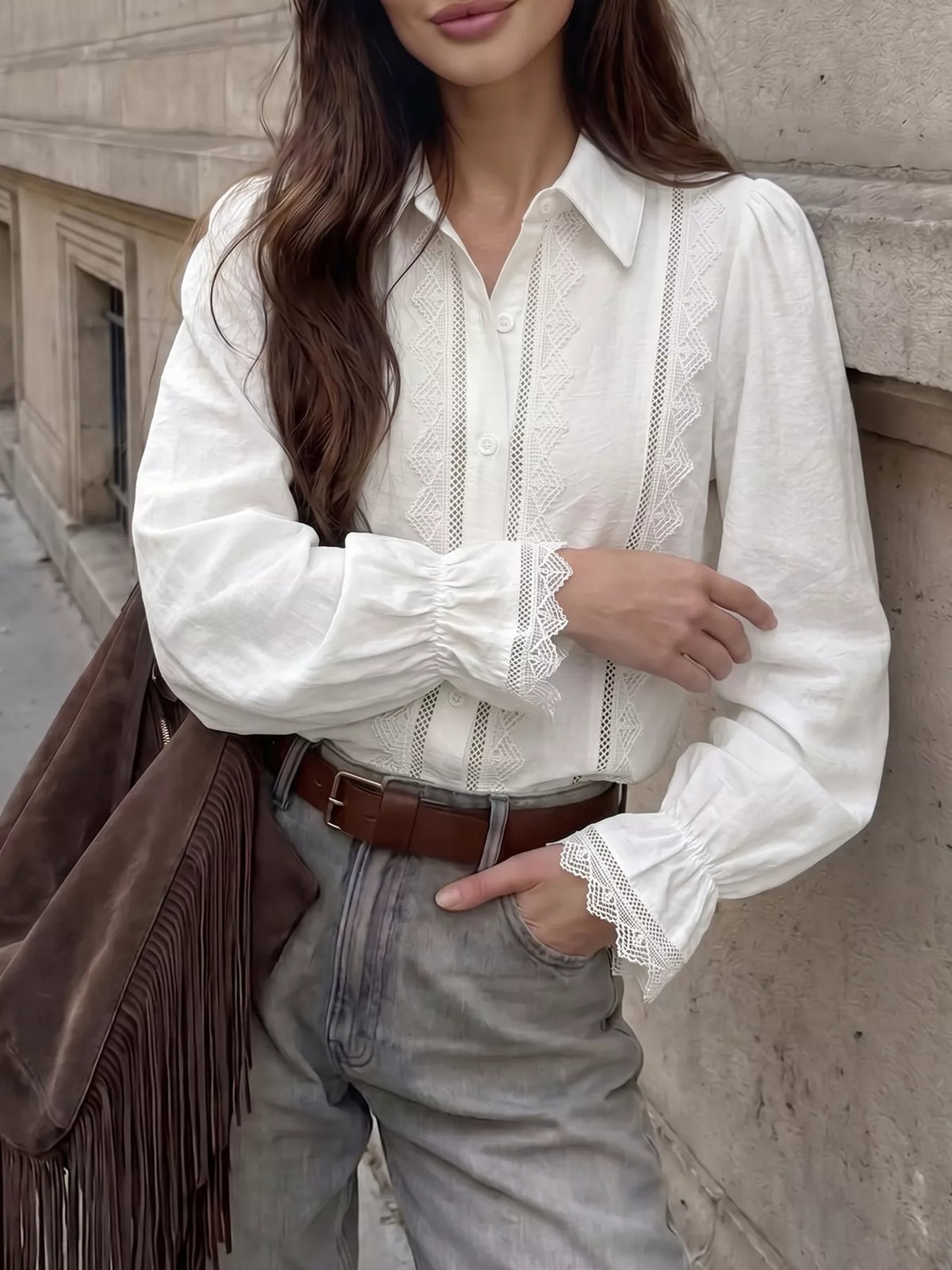 lace-trimmed button-down shirt – buttoned,lace detail | dropsona - neutral - everyday use
