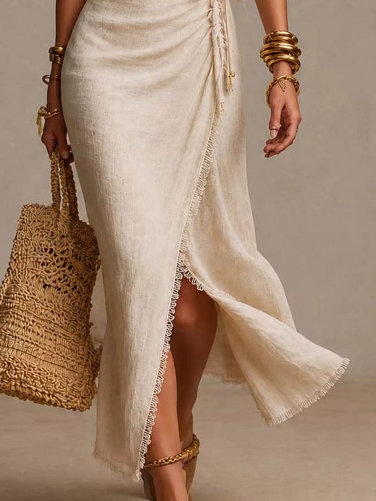 lace-trimmed slit wrap midi dress – tied,slit | dropsona - neutral - material texture