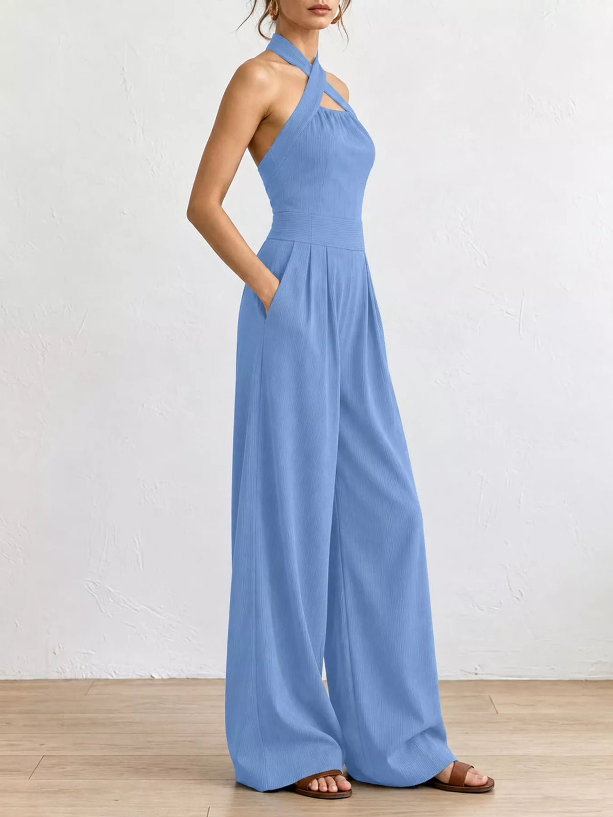 full size halter neck wide-leg jumpsuit plus | dropsona - neutral - material texture