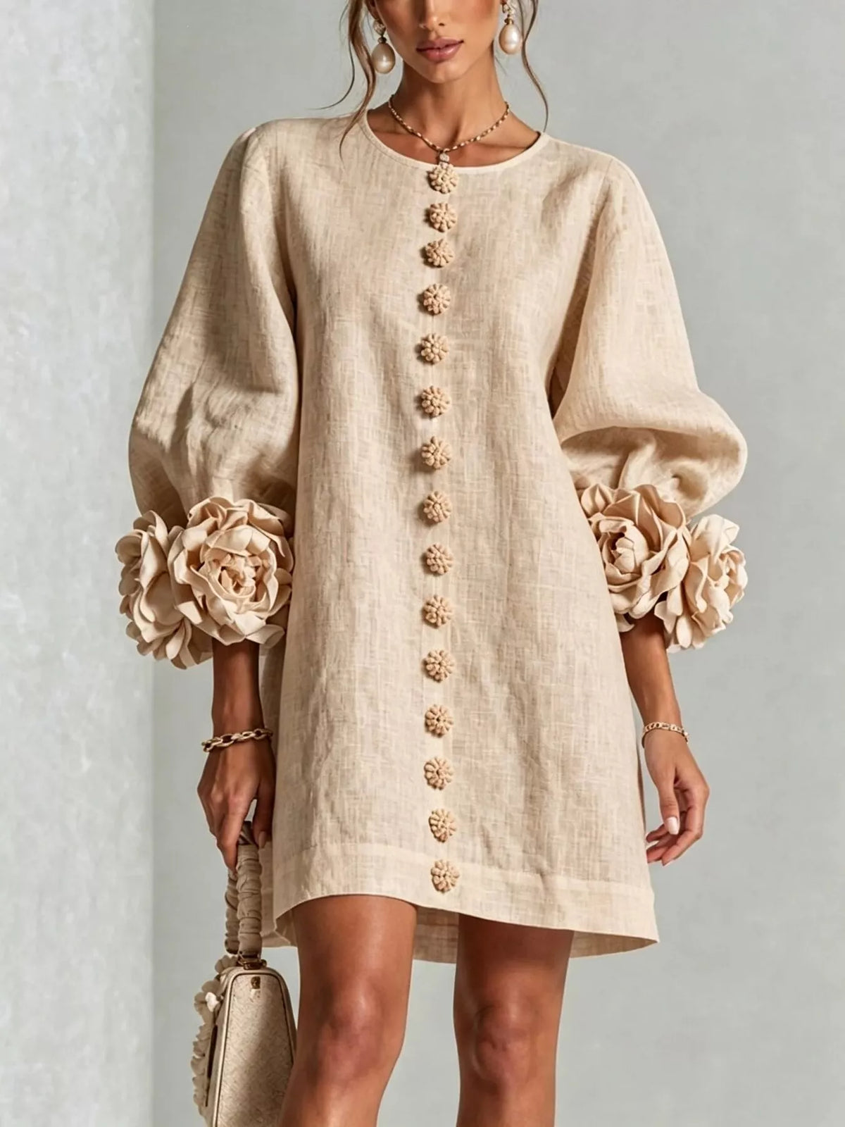 full size 3d floral sleeve round neck dress plus | dropsona - neutral - material texture
