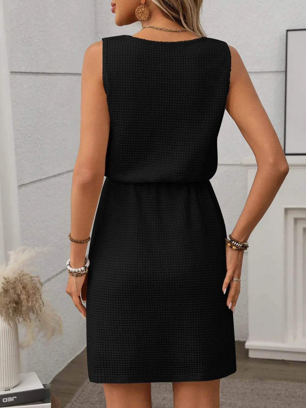 waffle-knit drawstring mini tank dress - material texture