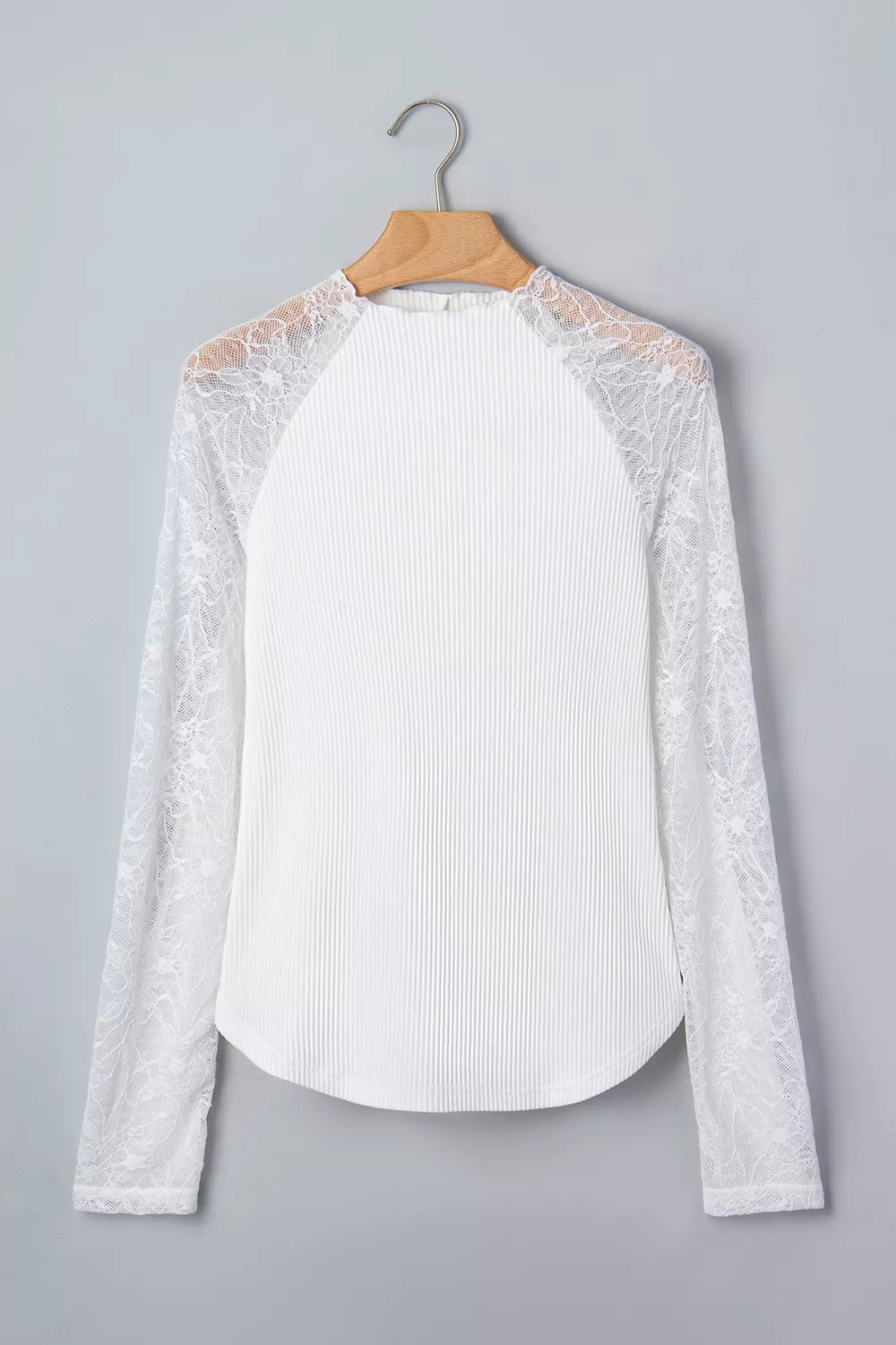 sheer lace long sleeve ribbed slim top – lace,ribbed | dropsona - neutral - material texture