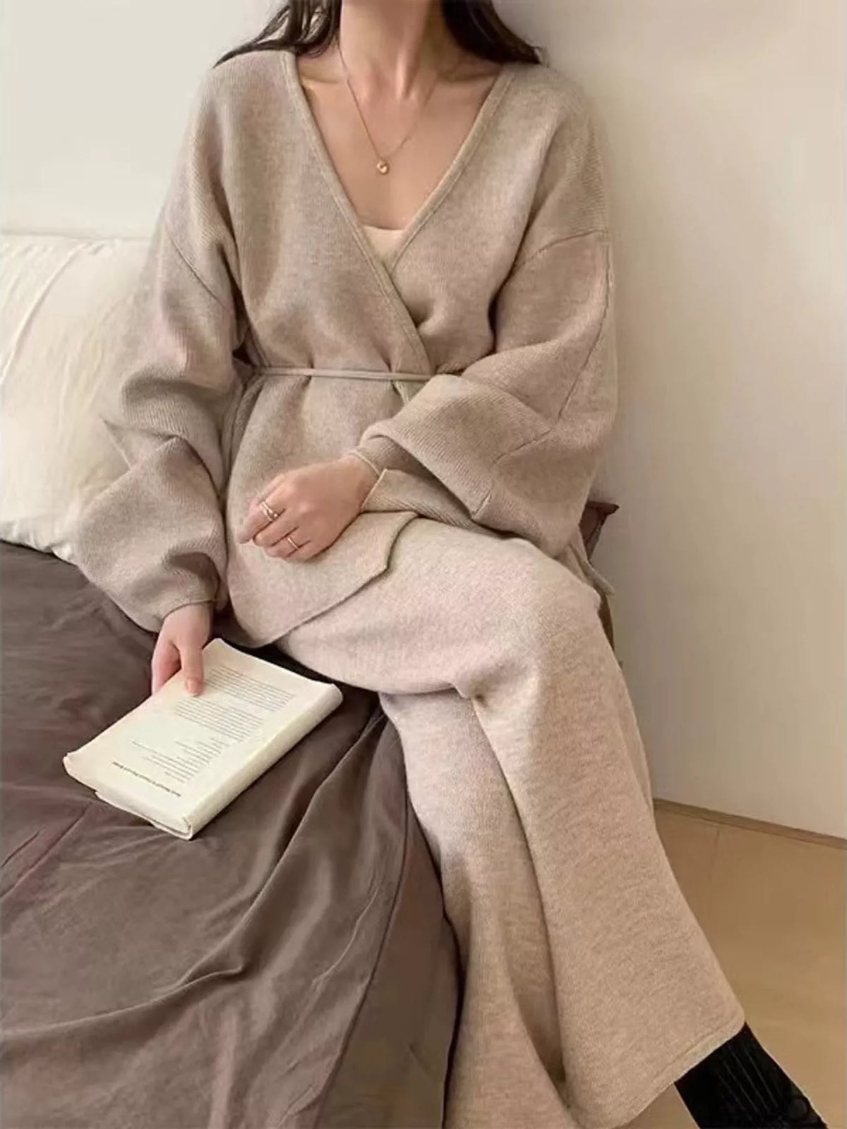 elegant v-neck wrap cardigan and wide-leg pants | dropsona - neutral - everyday use
