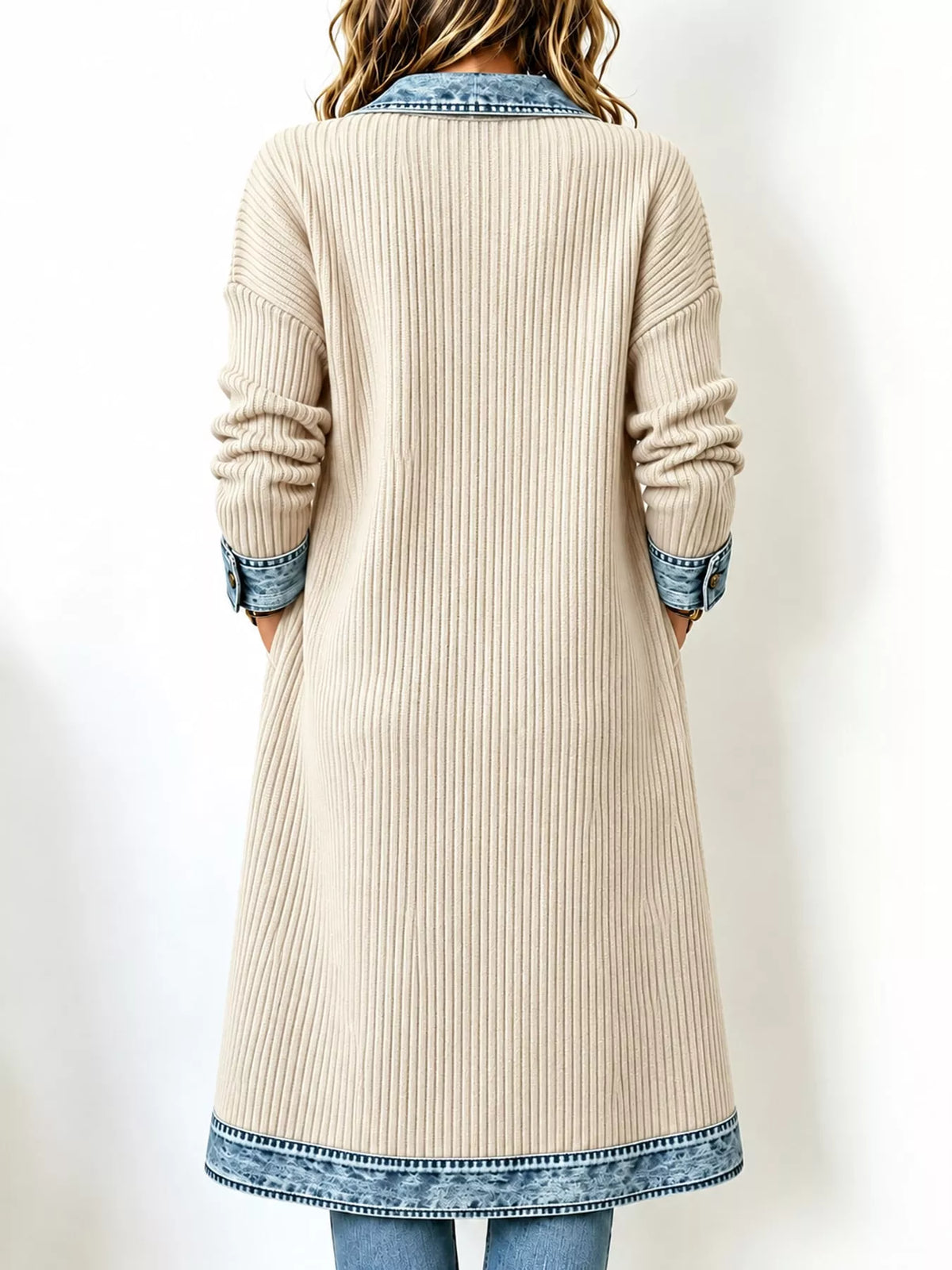 full size denim-trimmed ribbed knit longline cardigan | dropsona - neutral - packaging