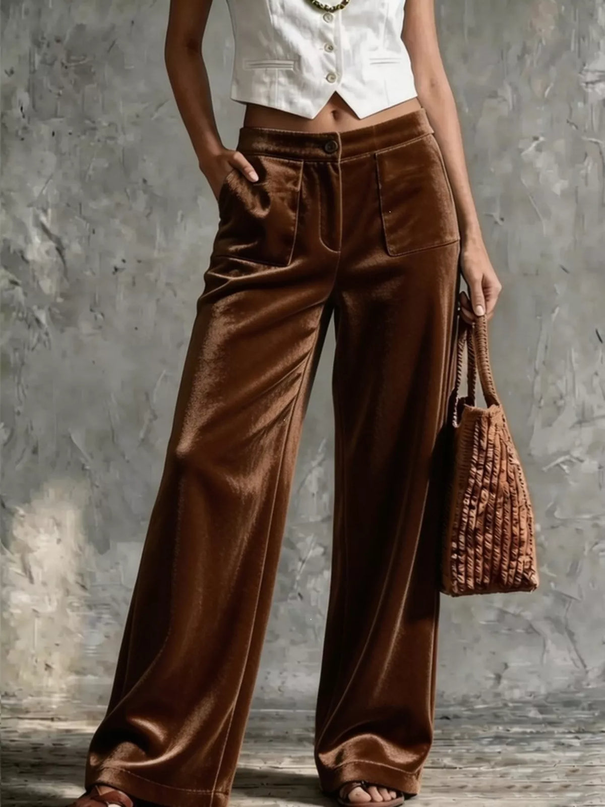 full size high-waisted wide-leg velvet pants with | dropsona - neutral - packaging