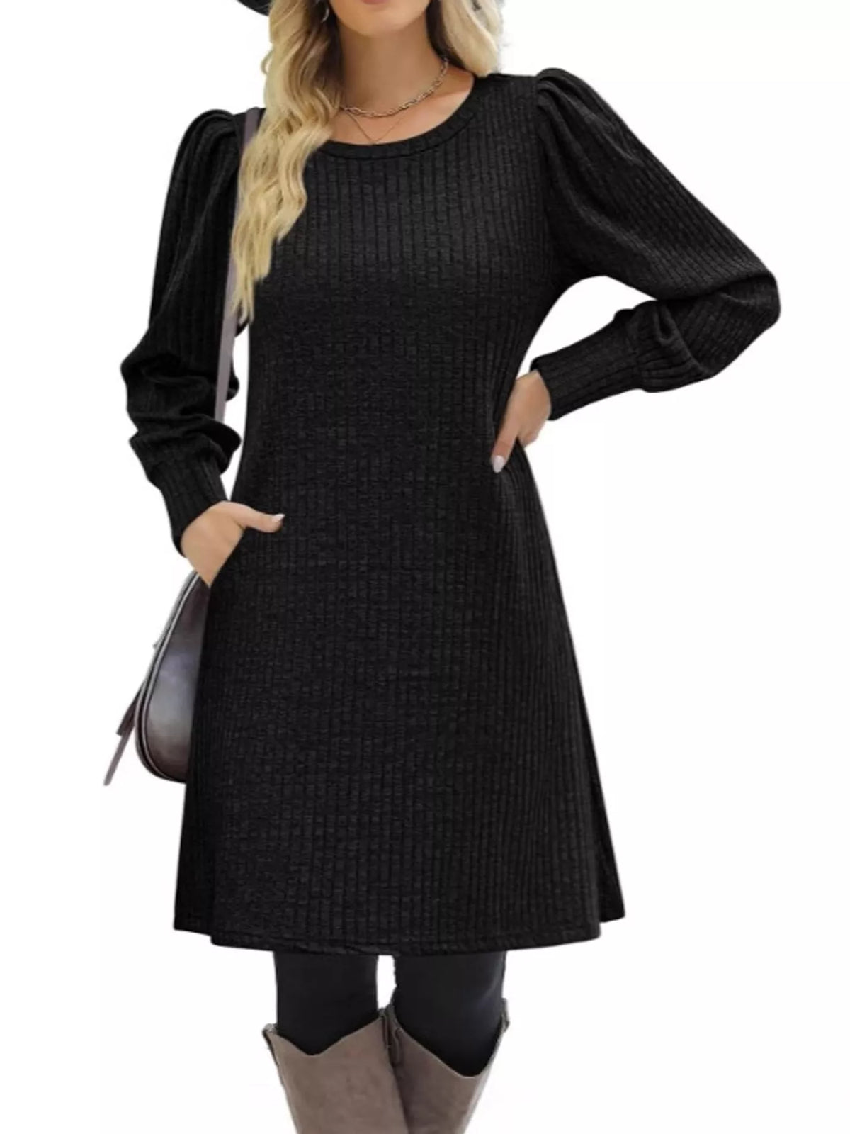 puff sleeve ribbed knit dress with pockets | dropsona - neutral - front view
