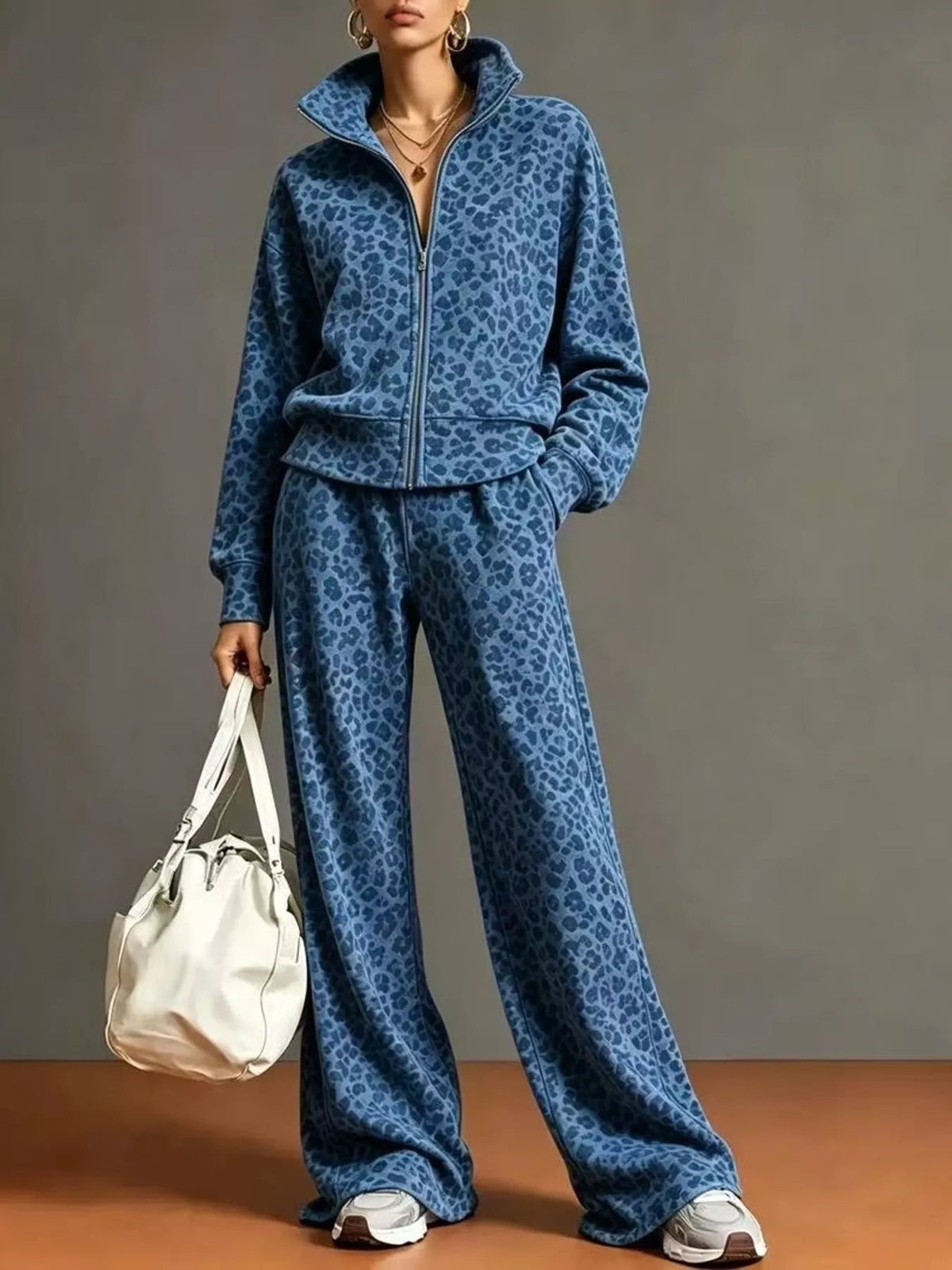 leopard print zip-up outerwear and pants set | dropsona - neutral - material texture