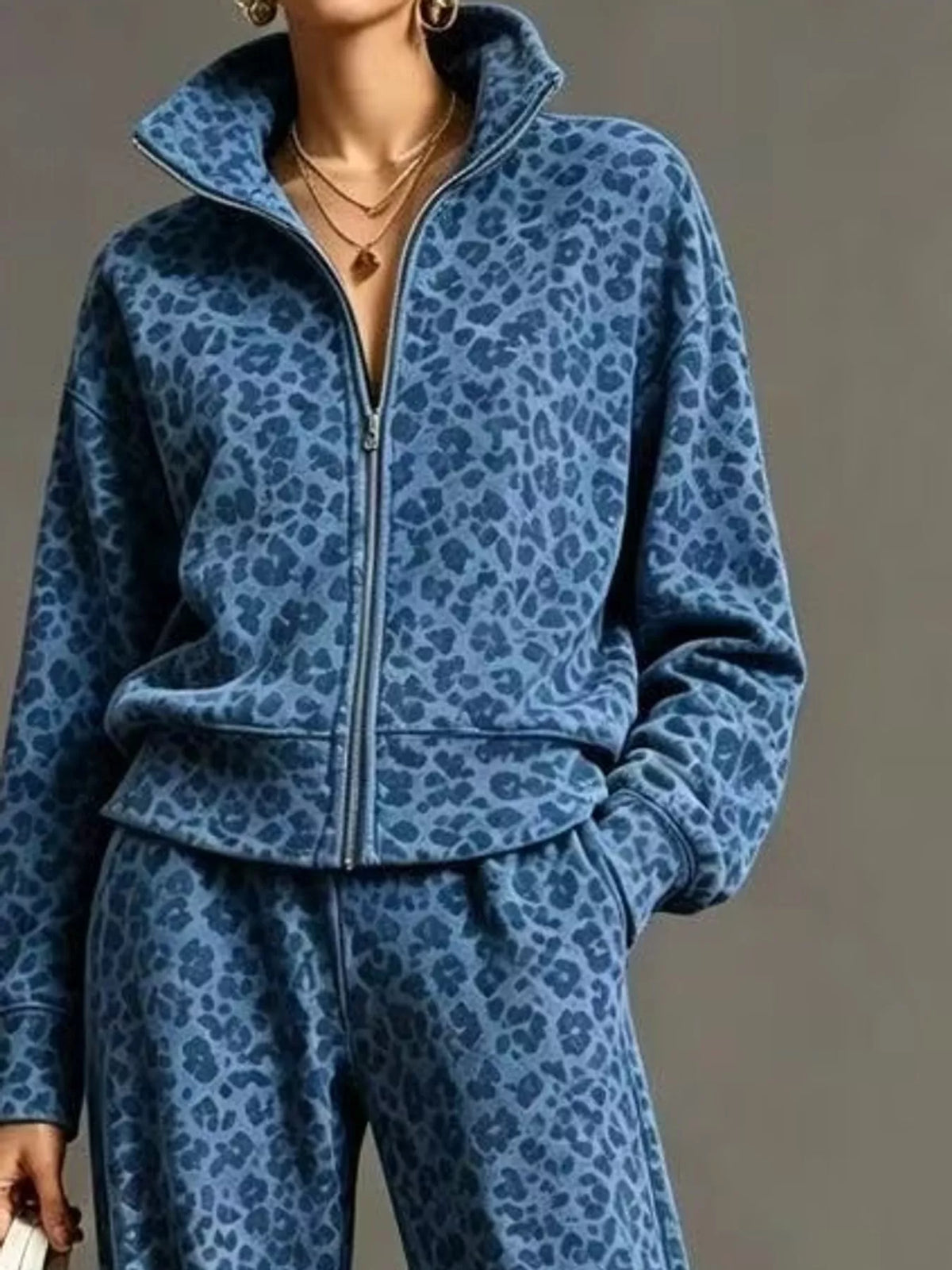 leopard print zip-up outerwear and pants set | dropsona - neutral - size reference