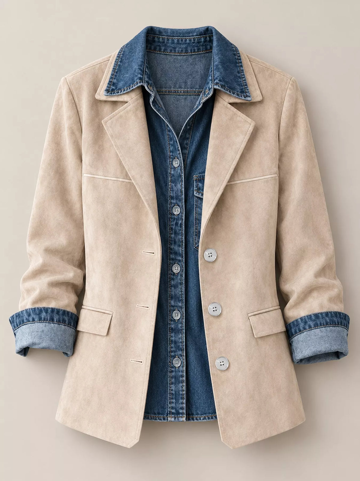 full size lapel collar button up blazer plus | dropsona - neutral - front view