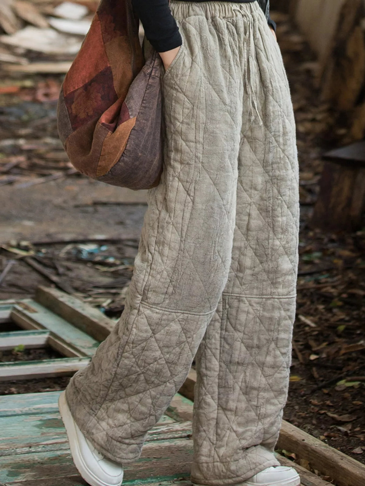 quilted high-waisted wide-leg casual pants | dropsona - neutral - everyday use