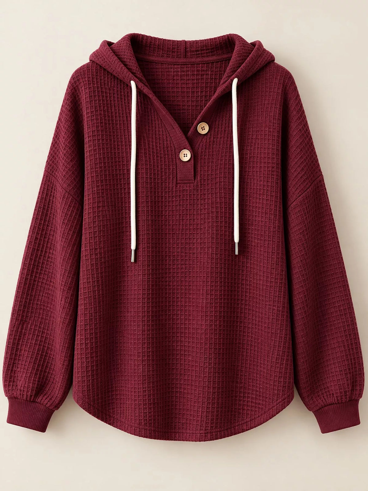 full size waffle knit button detail hoodie plus | dropsona - neutral - material texture