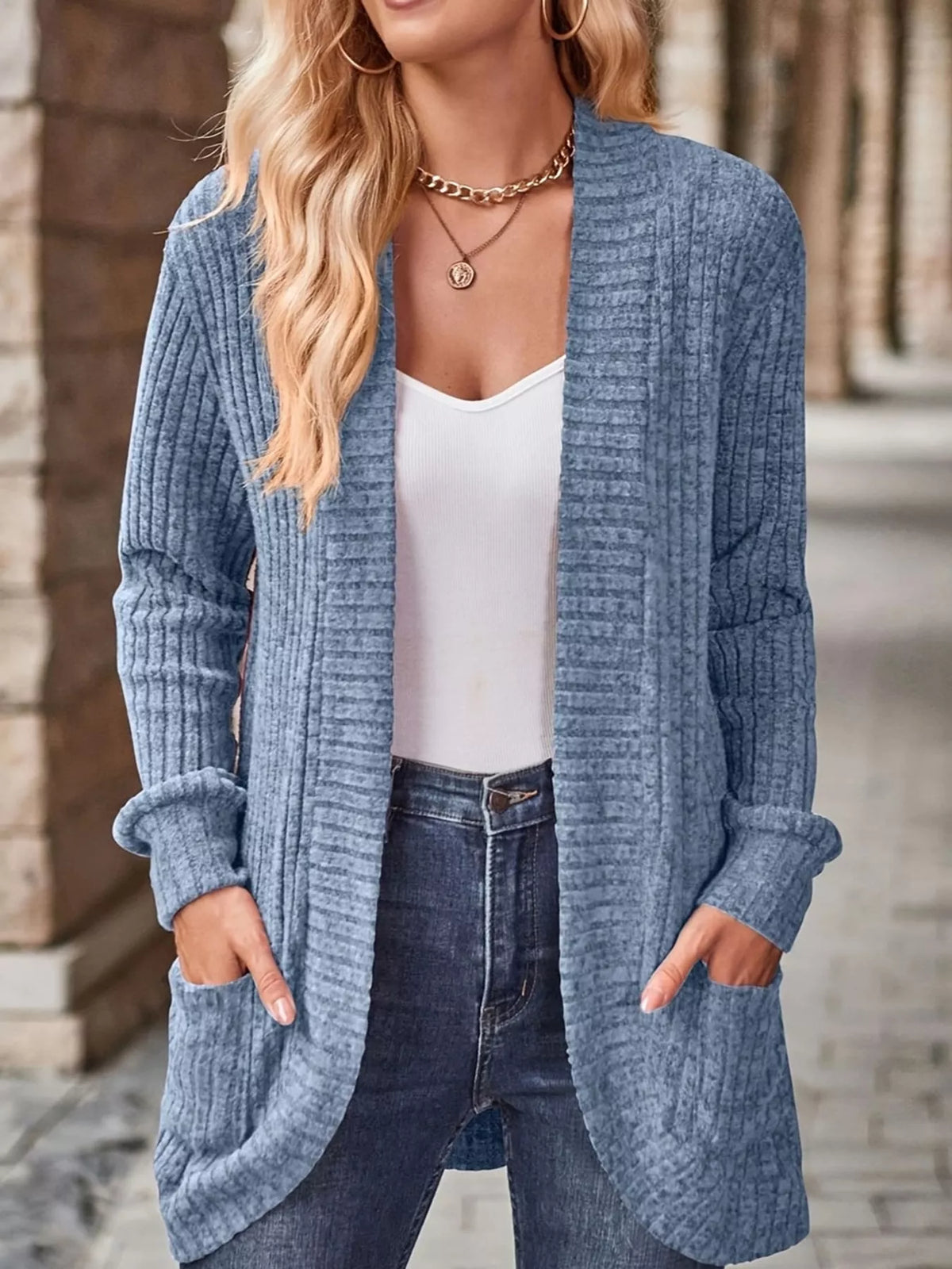 ribbed knit open front cardigan with pockets | dropsona - neutral - front view
