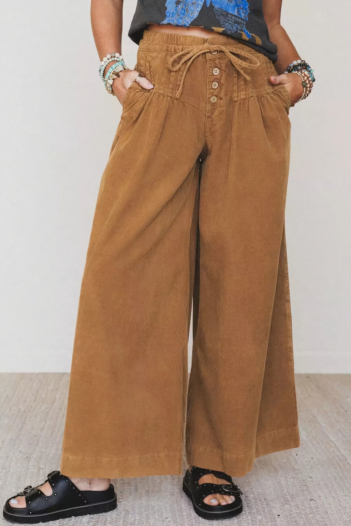 elastic waist wooden button placket ankle length wide | dropsona - neutral - everyday use