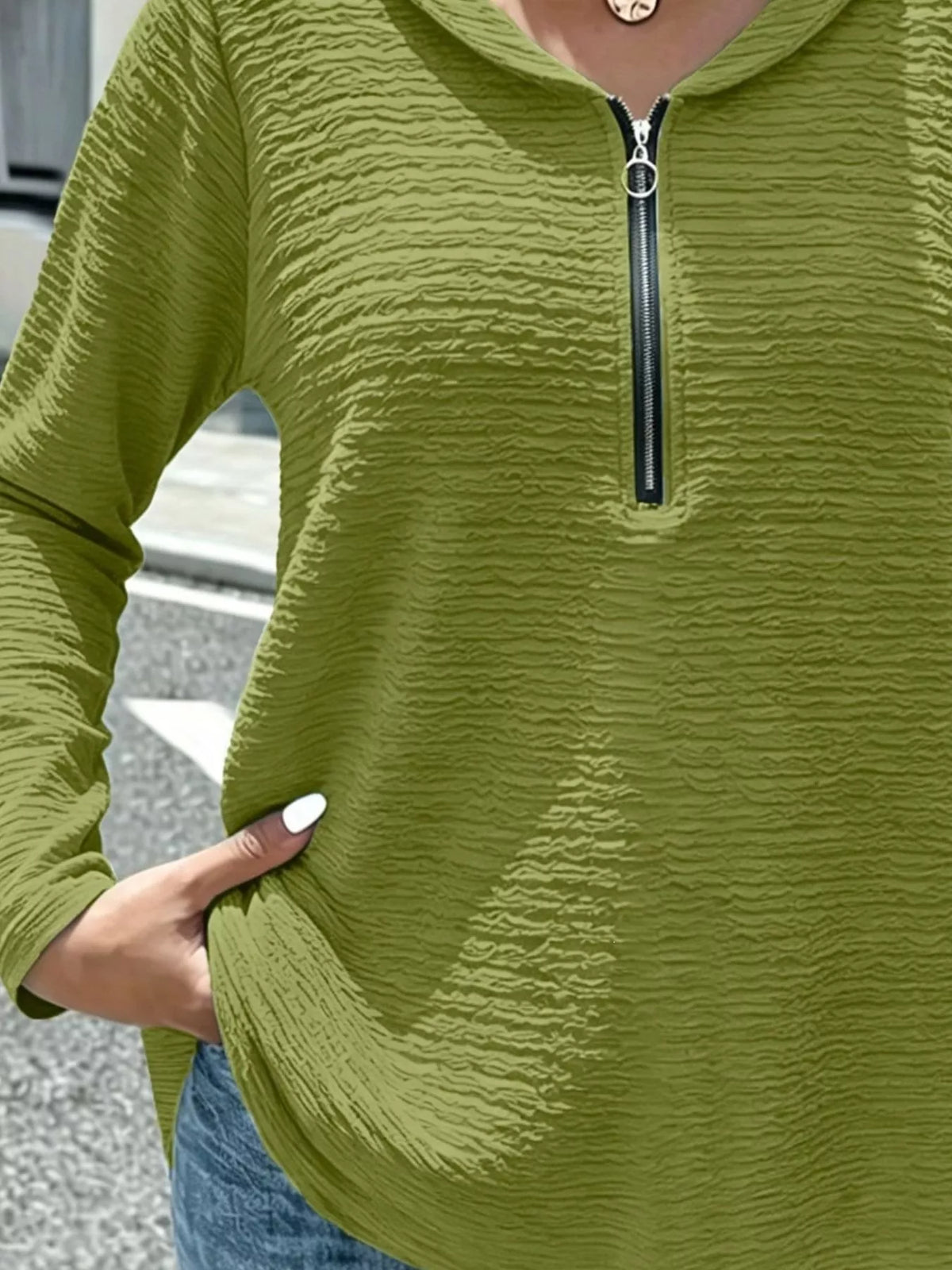 full size textured quarter-zip blouse plus | dropsona - neutral - size reference